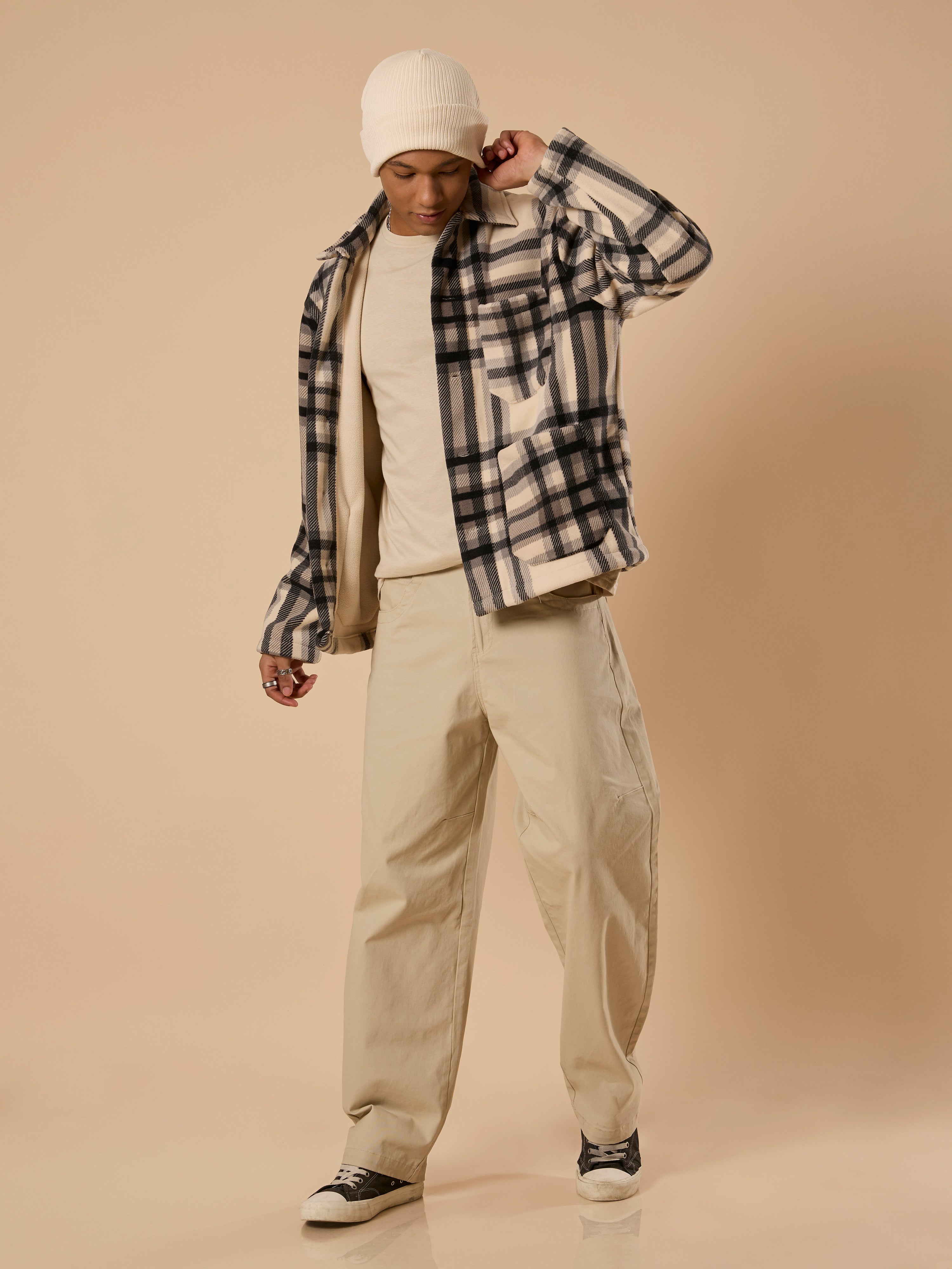 Sherly - Relaxed checked Fleece Shacket - Off Black