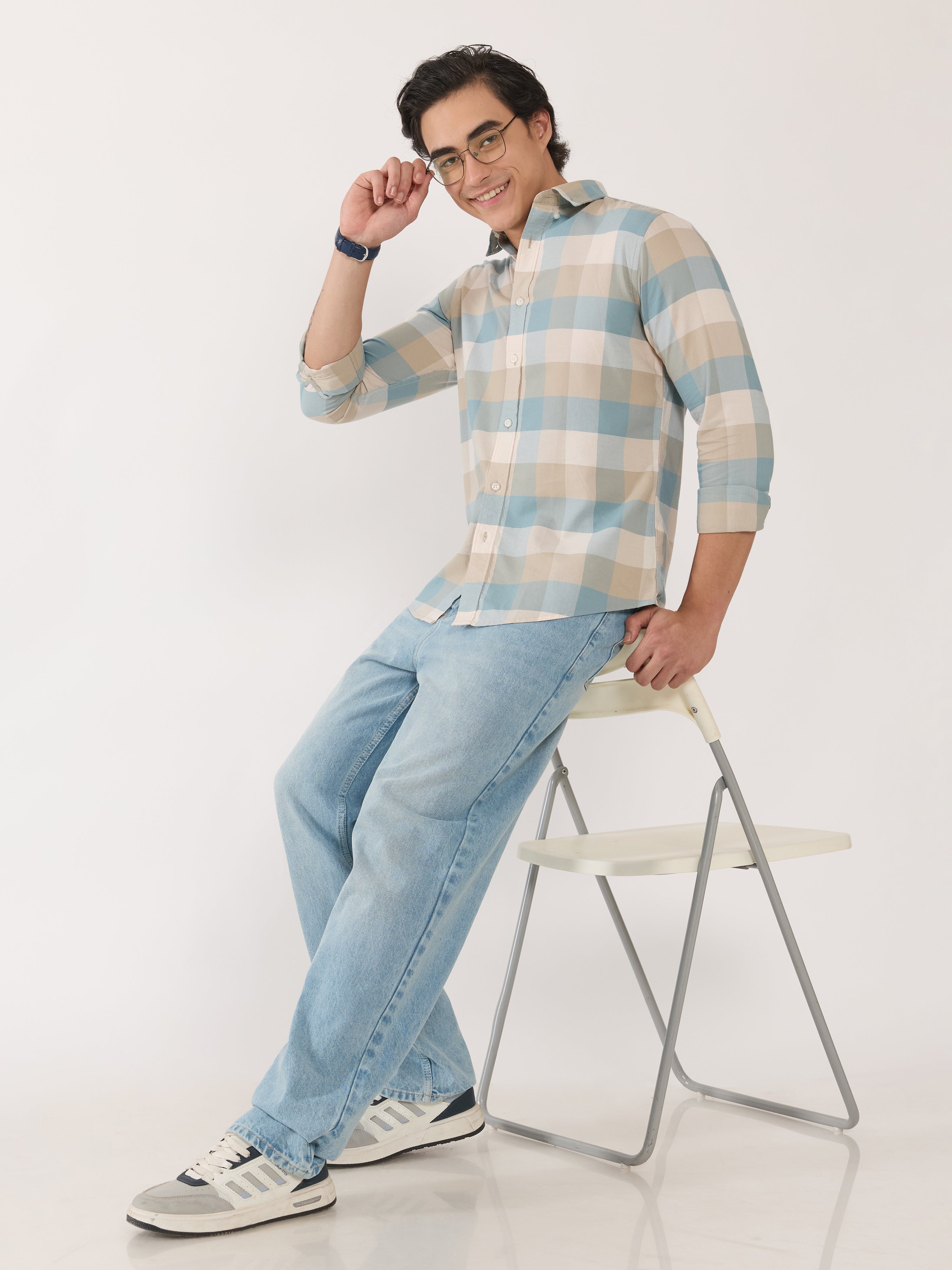 Katasha - Turkish Fit Checked Shirt - Blue & Beige