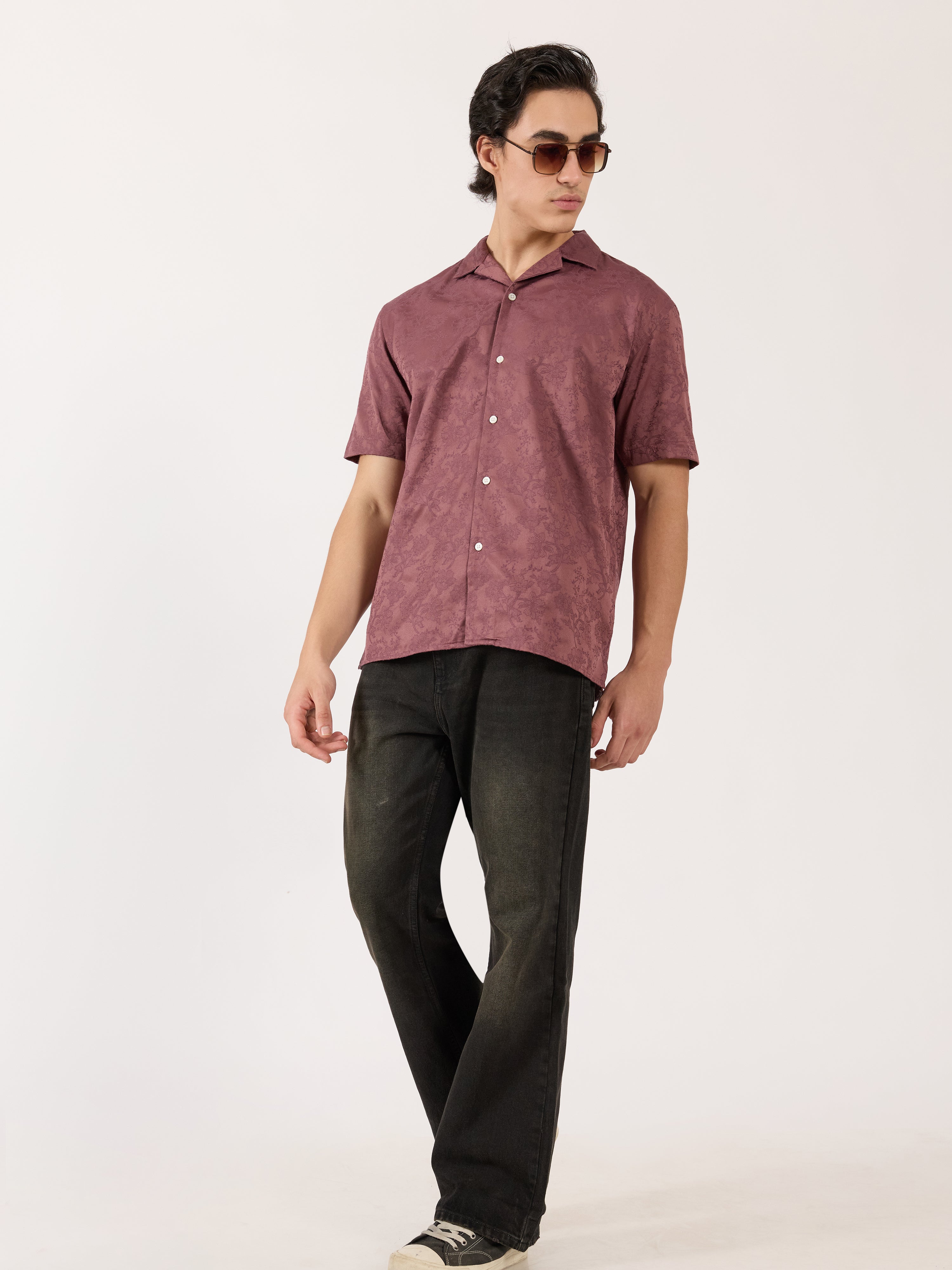 Pova - Embroidered Cuban Collar Shirt - Plum