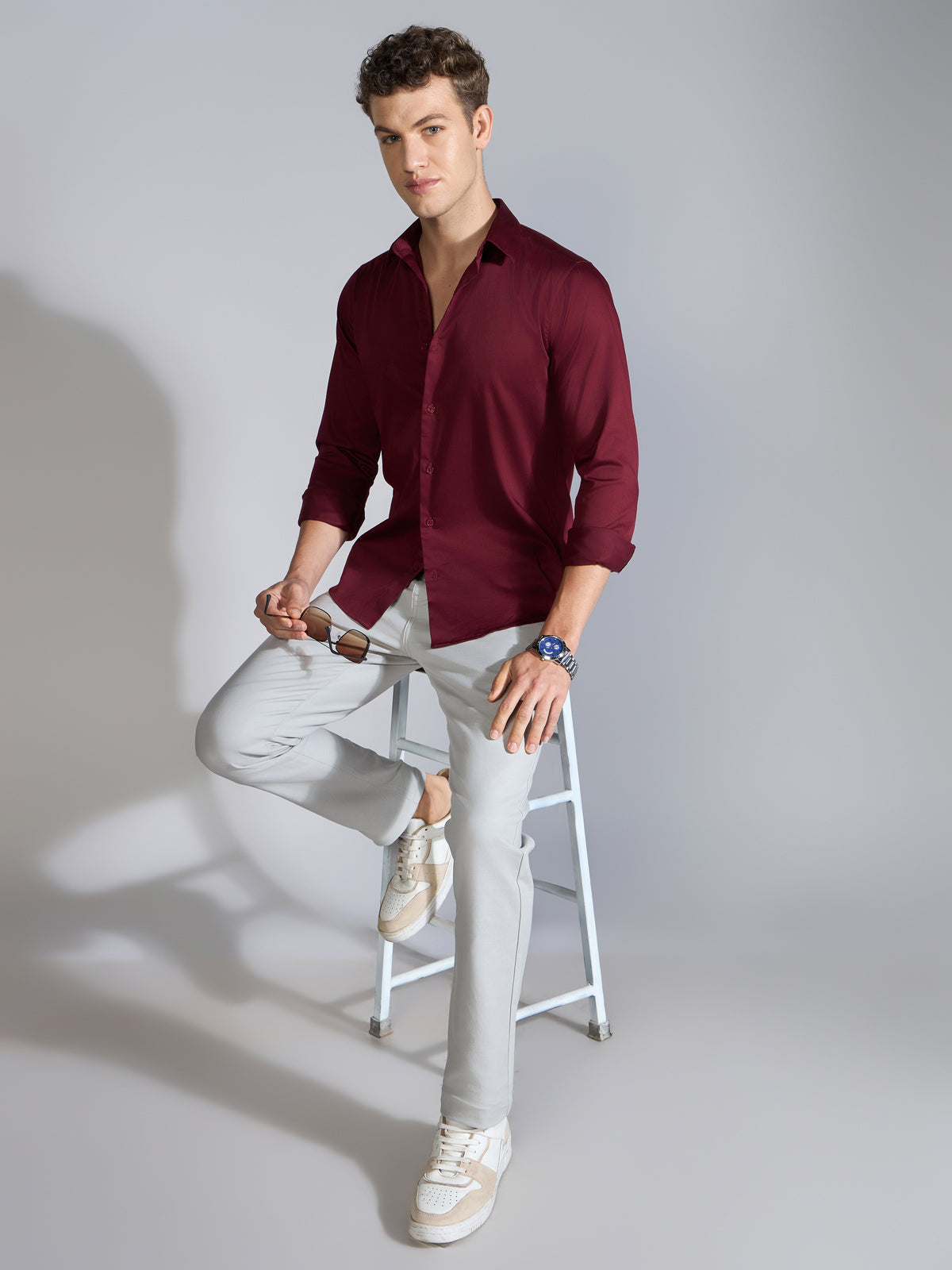 Yoyona - Turkish Fit Satin Shirt - Burgundy