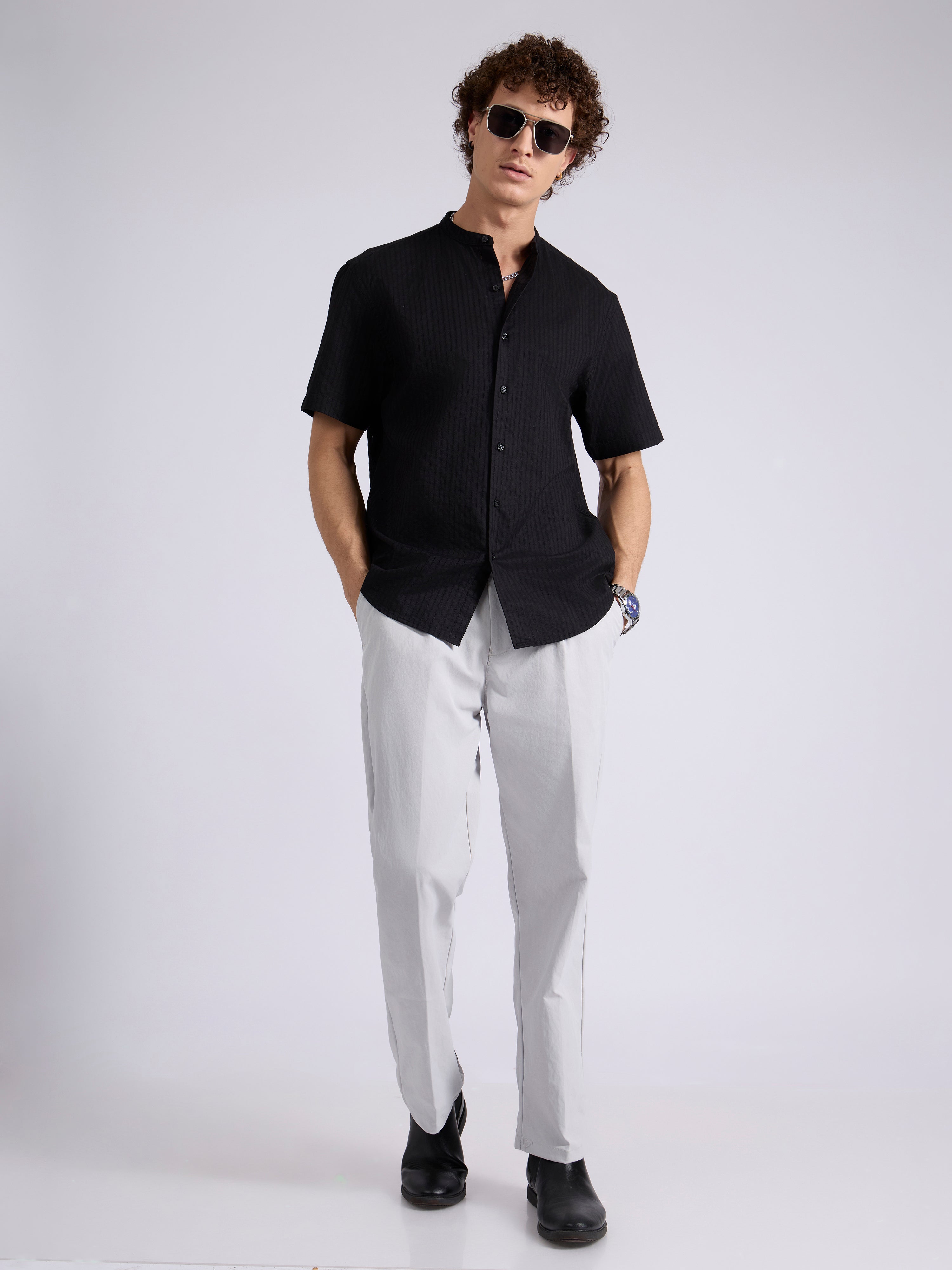 Zabriel - Band Collar Striped Shirt - Black