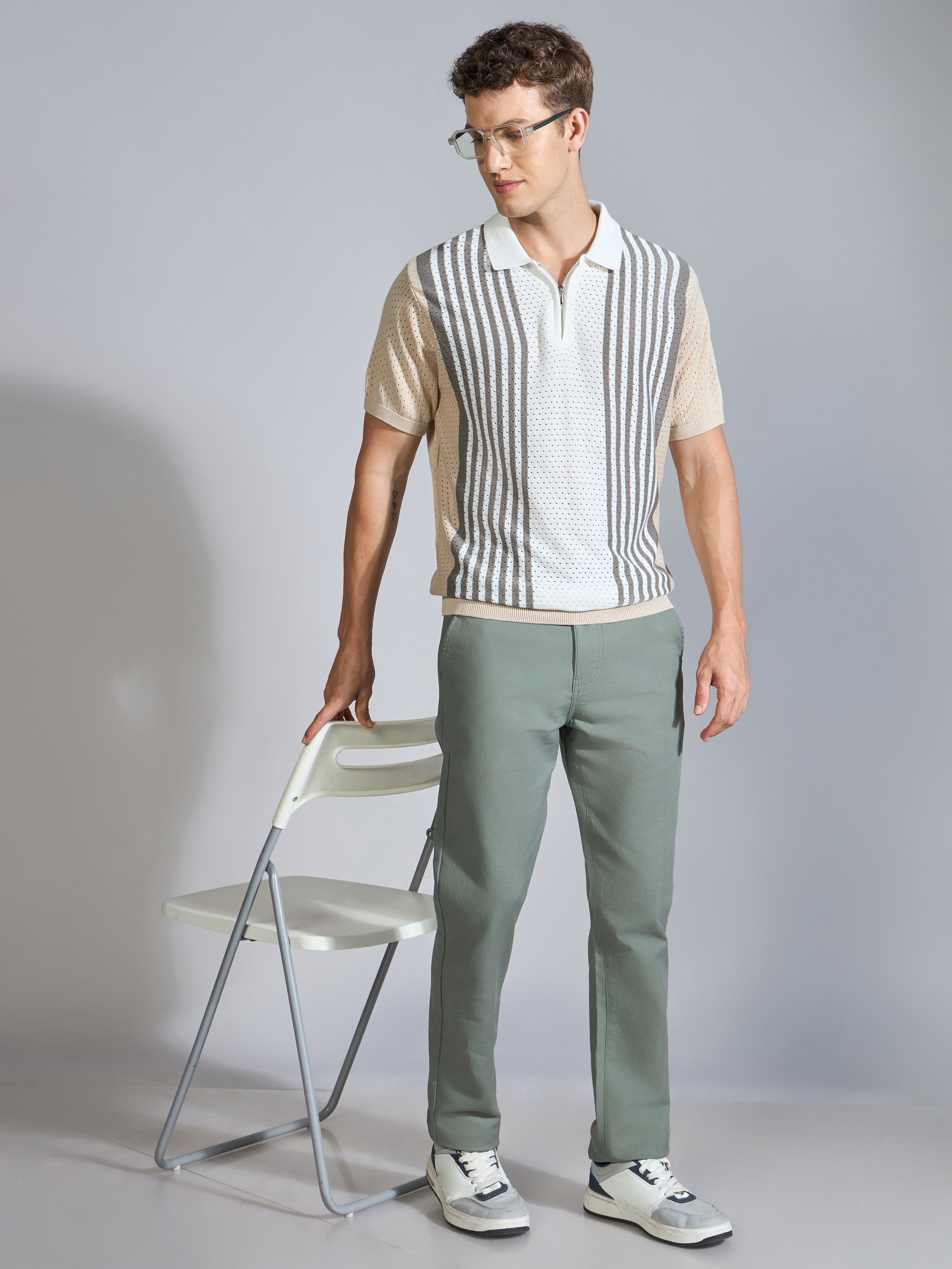 Kikeos-6 - Regular Fit Half Zip Stripe Knit Polo T-Shirt - Beige