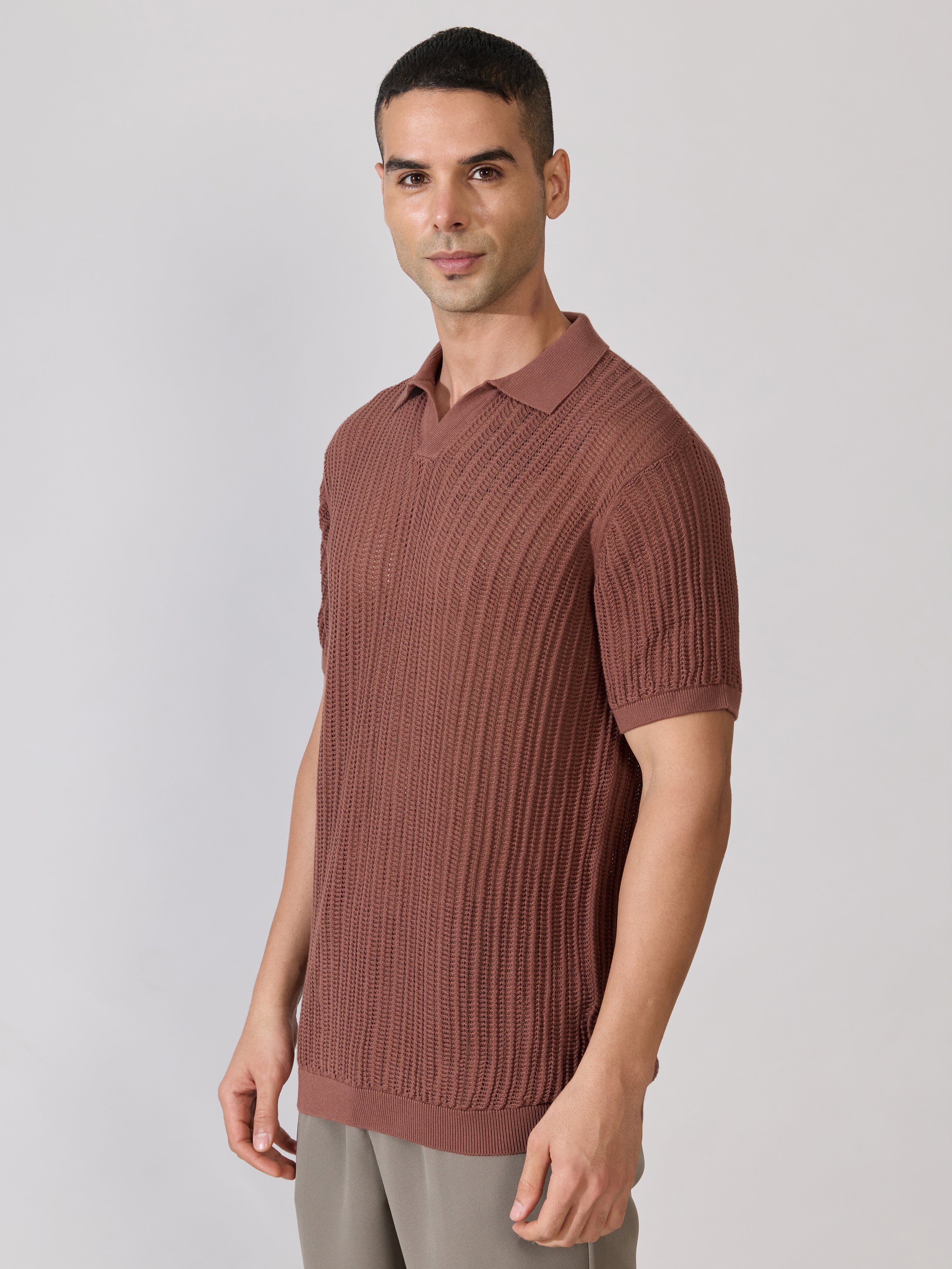 Kikeos-2 - Regular Fit Open Knit Polo T-Shirt - Root Beer