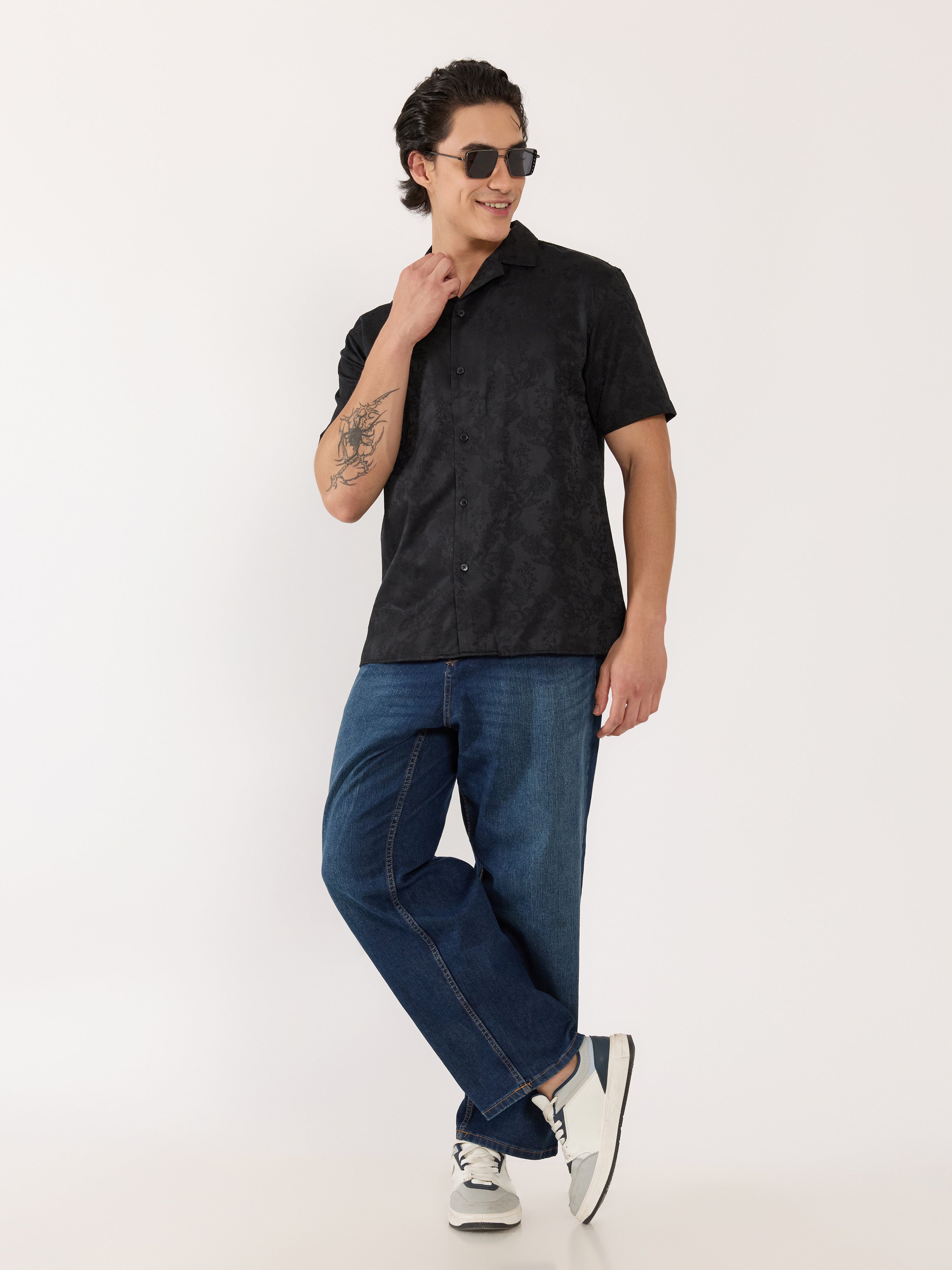 Pova - Embroidered Cuban Collar Shirt - Black