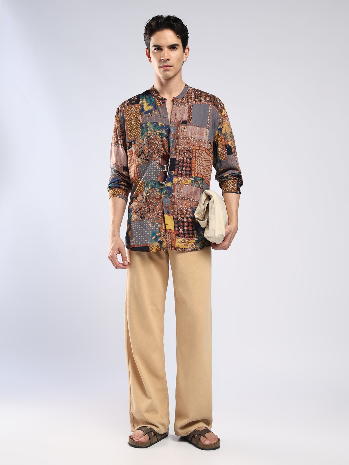 Xisoni - Abstract Printed Mandarin Collar Shirt - Rust Brown