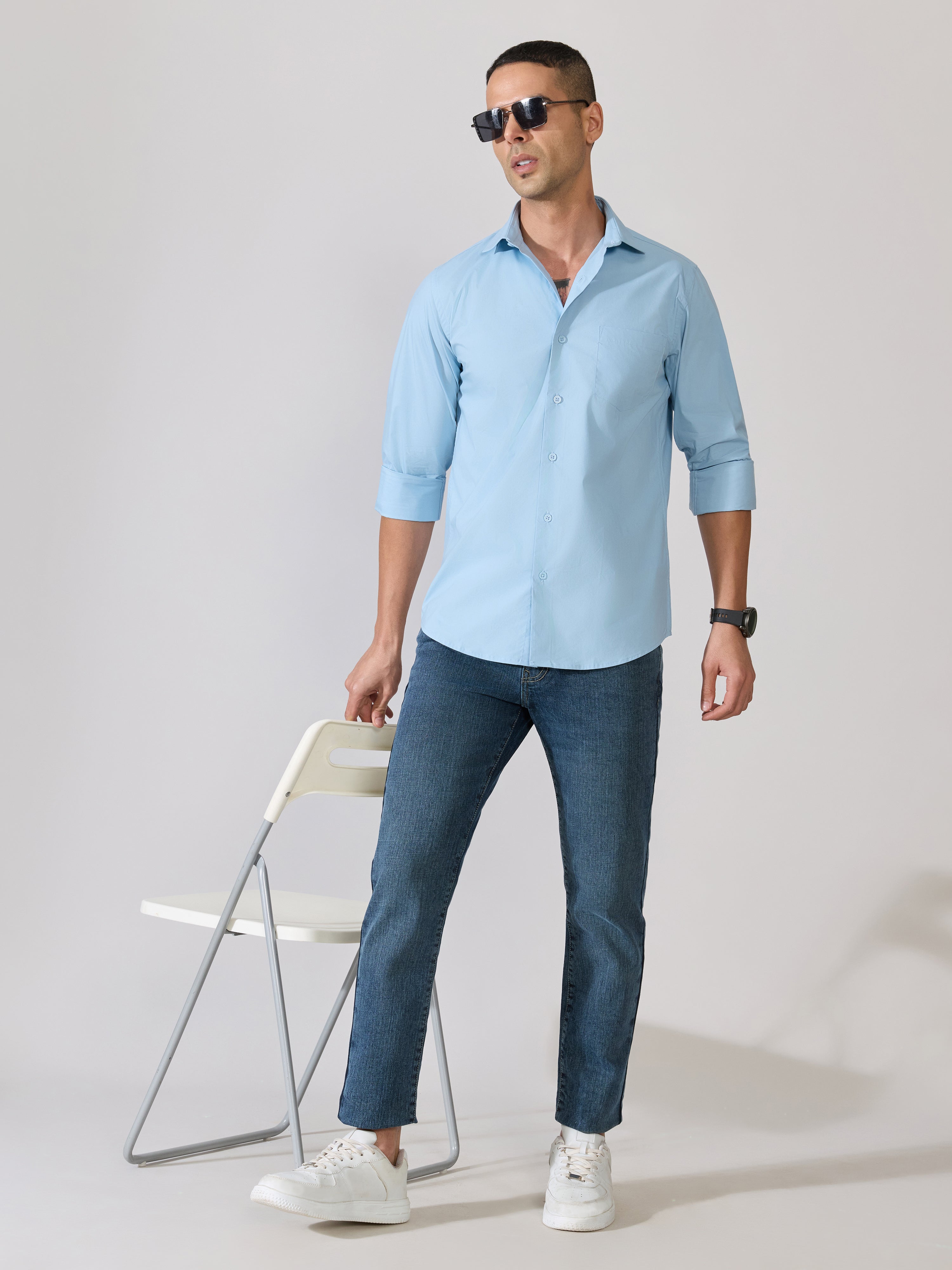 Valerius - Trim Fit Poplin Shirt - Light Blue