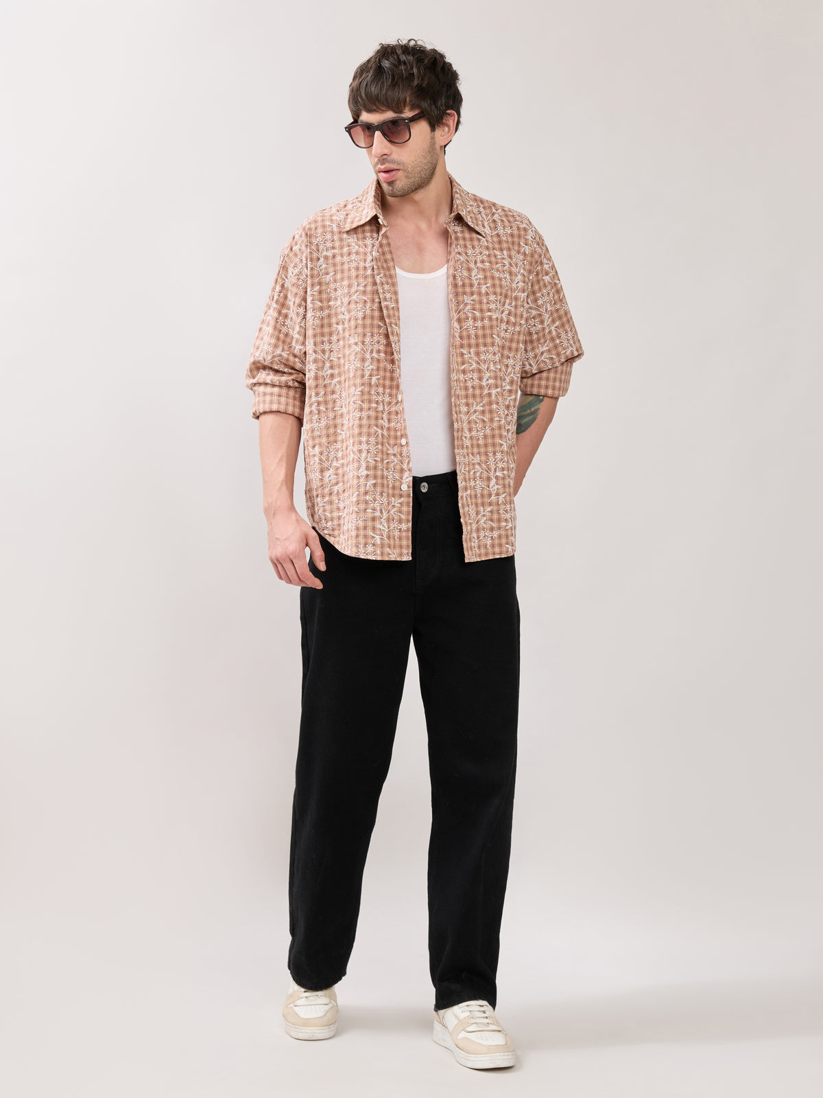 Ghamo - Drop Shoulder Embroidered Checks Shirt - Dusty Peach