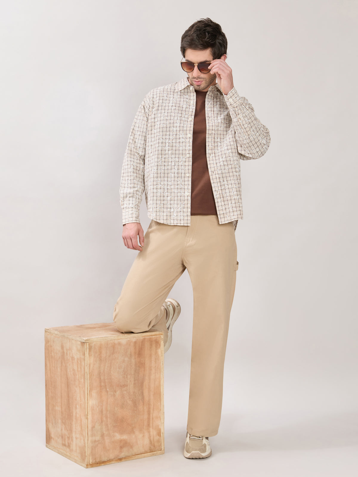 Ghamo - Drop Shoulder Embroidered Checks Shirt - Cream