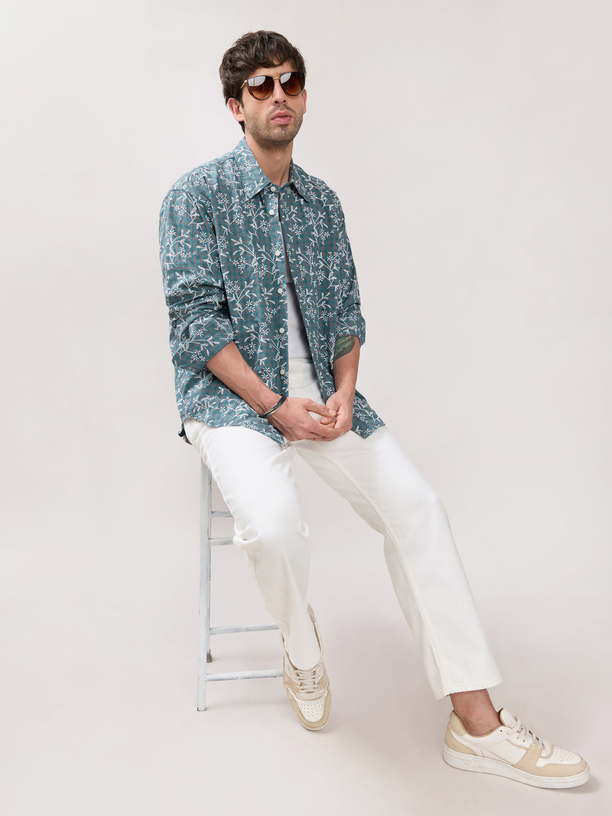 Ghamo - Drop Shoulder Embroidered Checks Shirt - Teal Blue