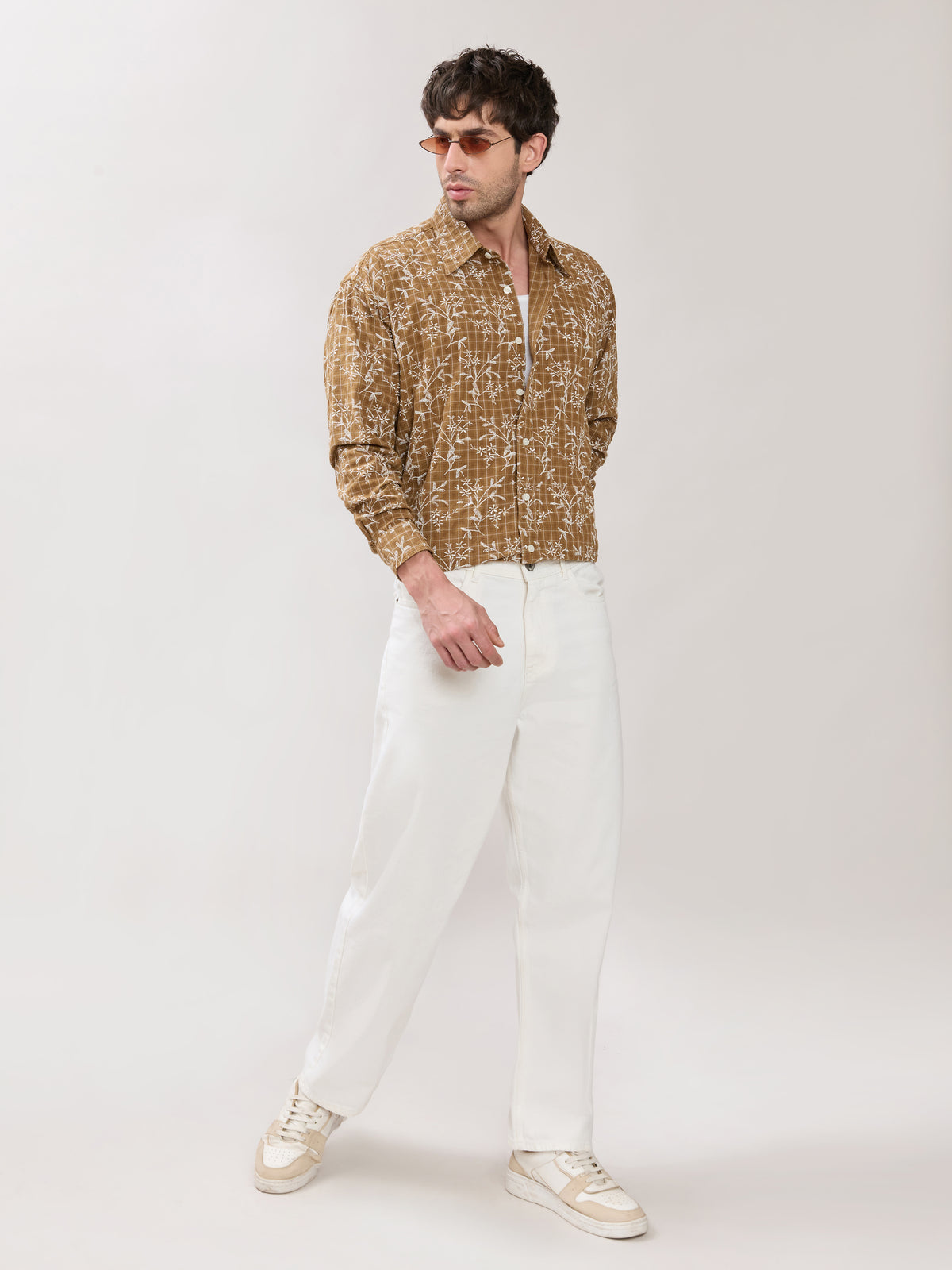 Ghamo - Drop Shoulder Embroidered Checks Shirt - Warm Caramel Brown