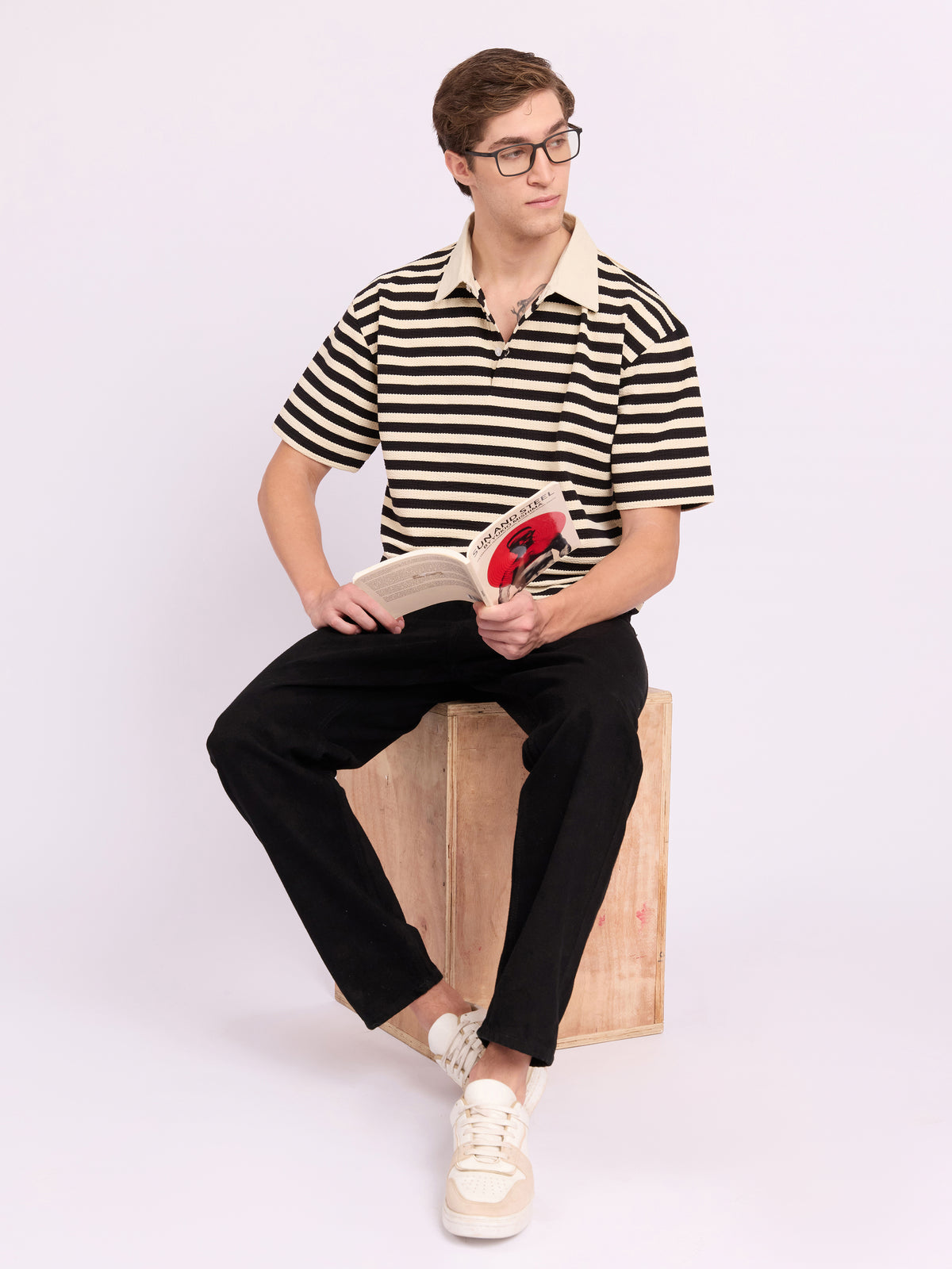 Neliis - Loose Fit Striped Polo T-Shirt - Black