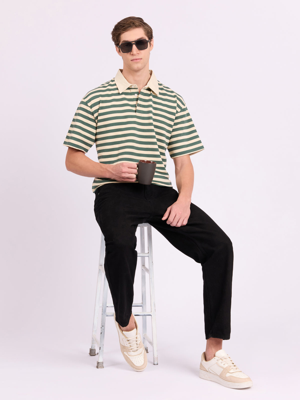 Neliis - Loose Fit Striped Polo T-Shirt - Green