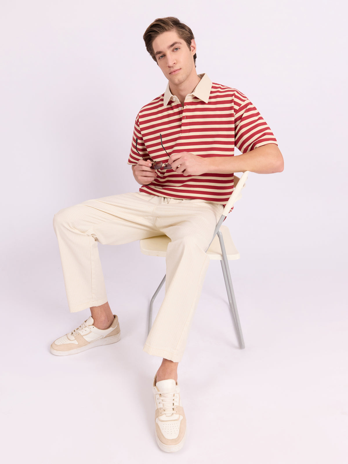 Neliis - Loose Fit Striped Polo T-Shirt - Red