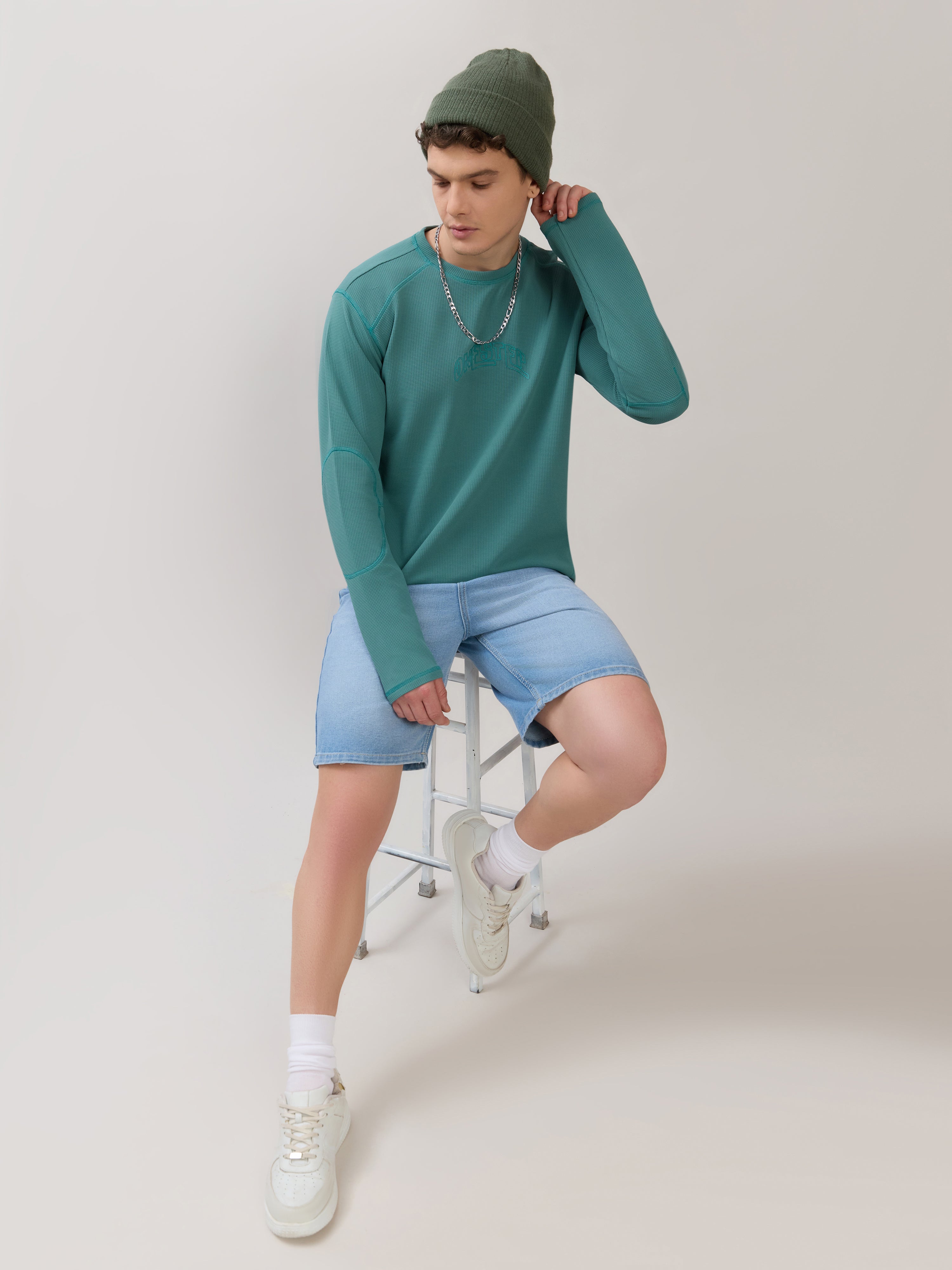 Kinoia - Onstep Printed Contrast-Stitch Relaxed Sweatshirt - Teal Blue