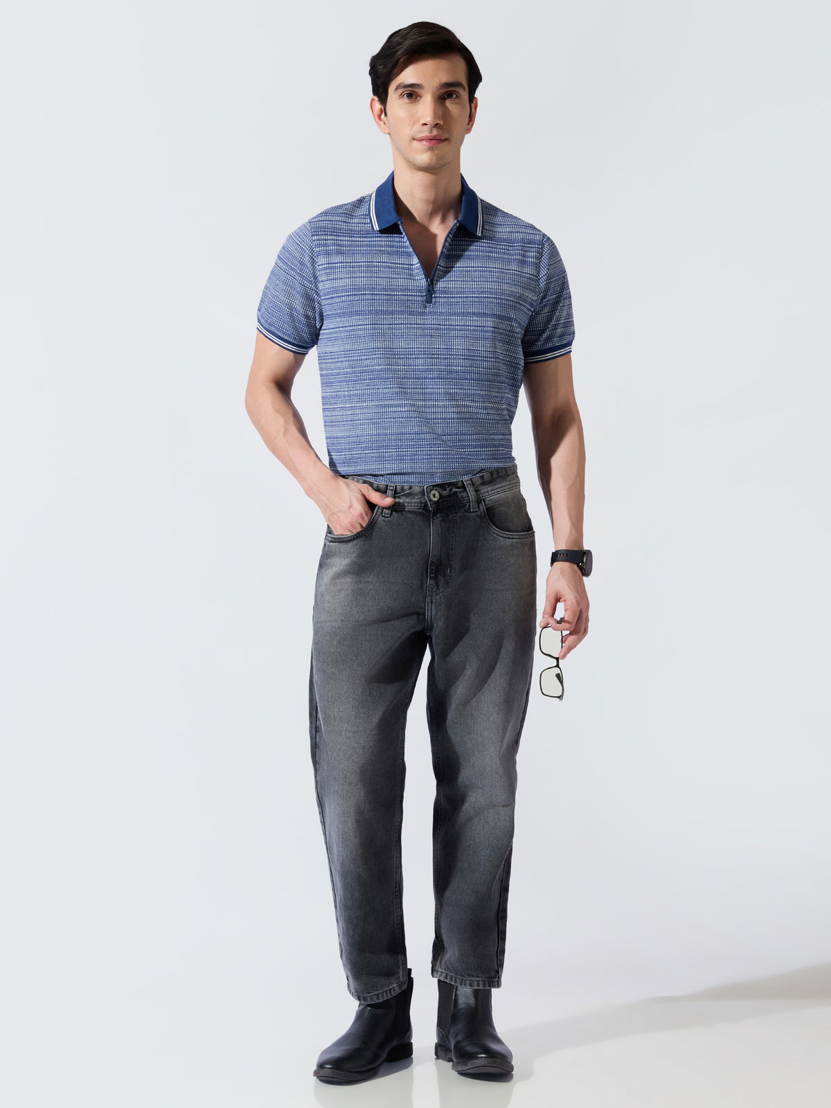 Rusel - Blue Striped Half Zip Regular Polo T-Shirt