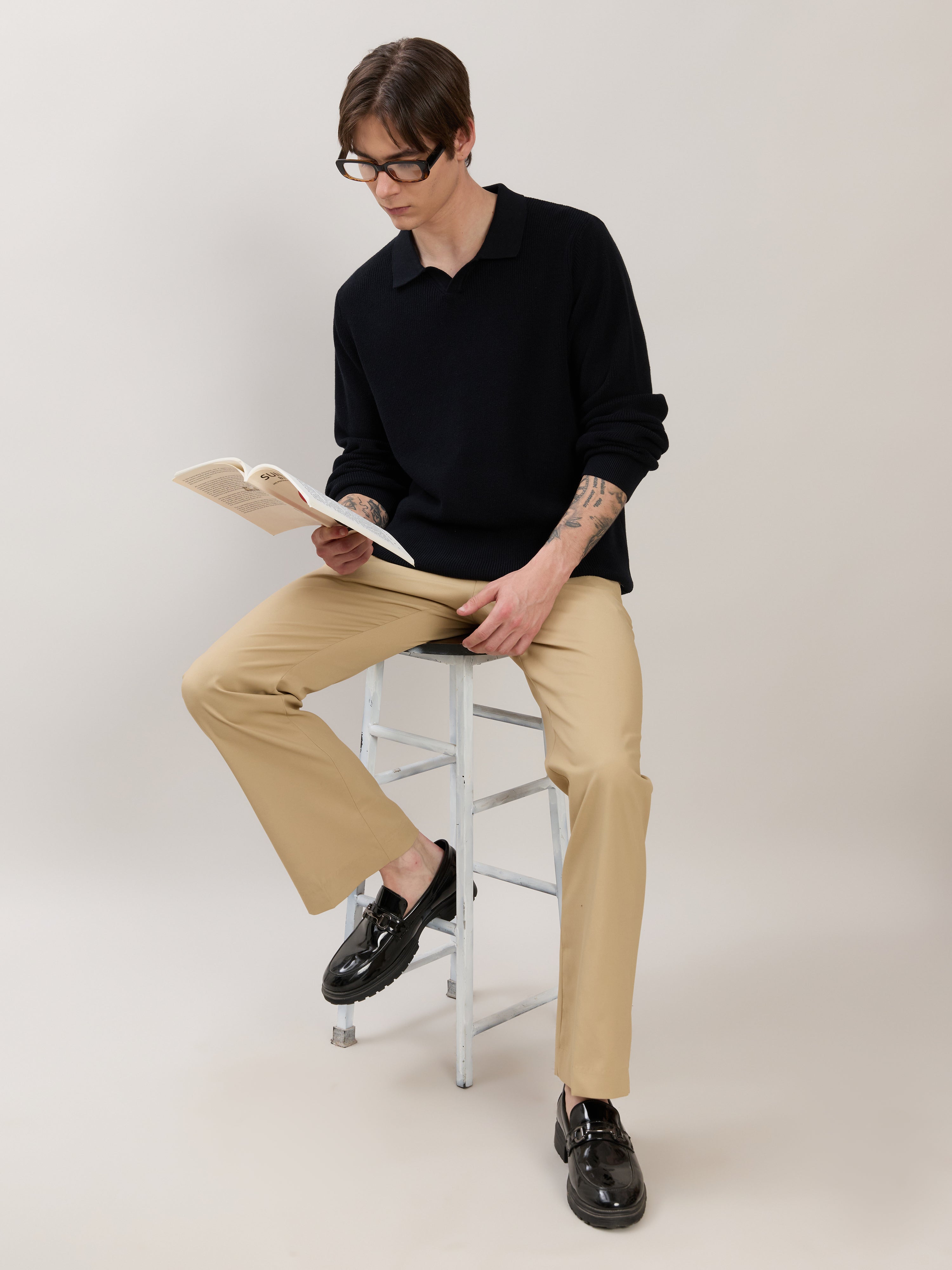 Xosio-1 - Regular Knitted Polo Sweater - Black