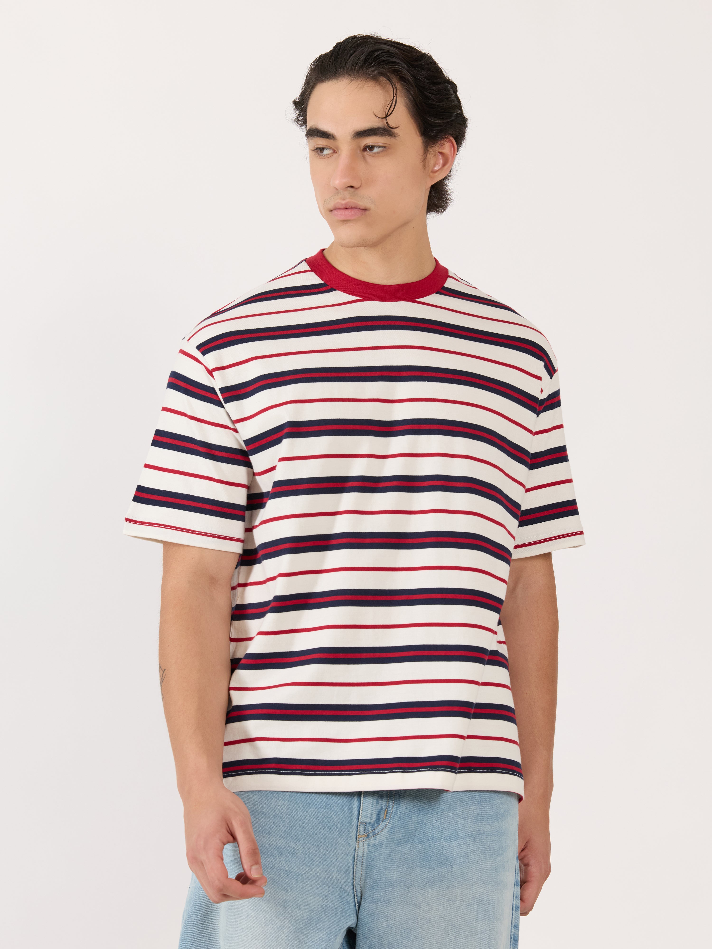Presleigh - Striped Crew T-Shirt - Berry Red