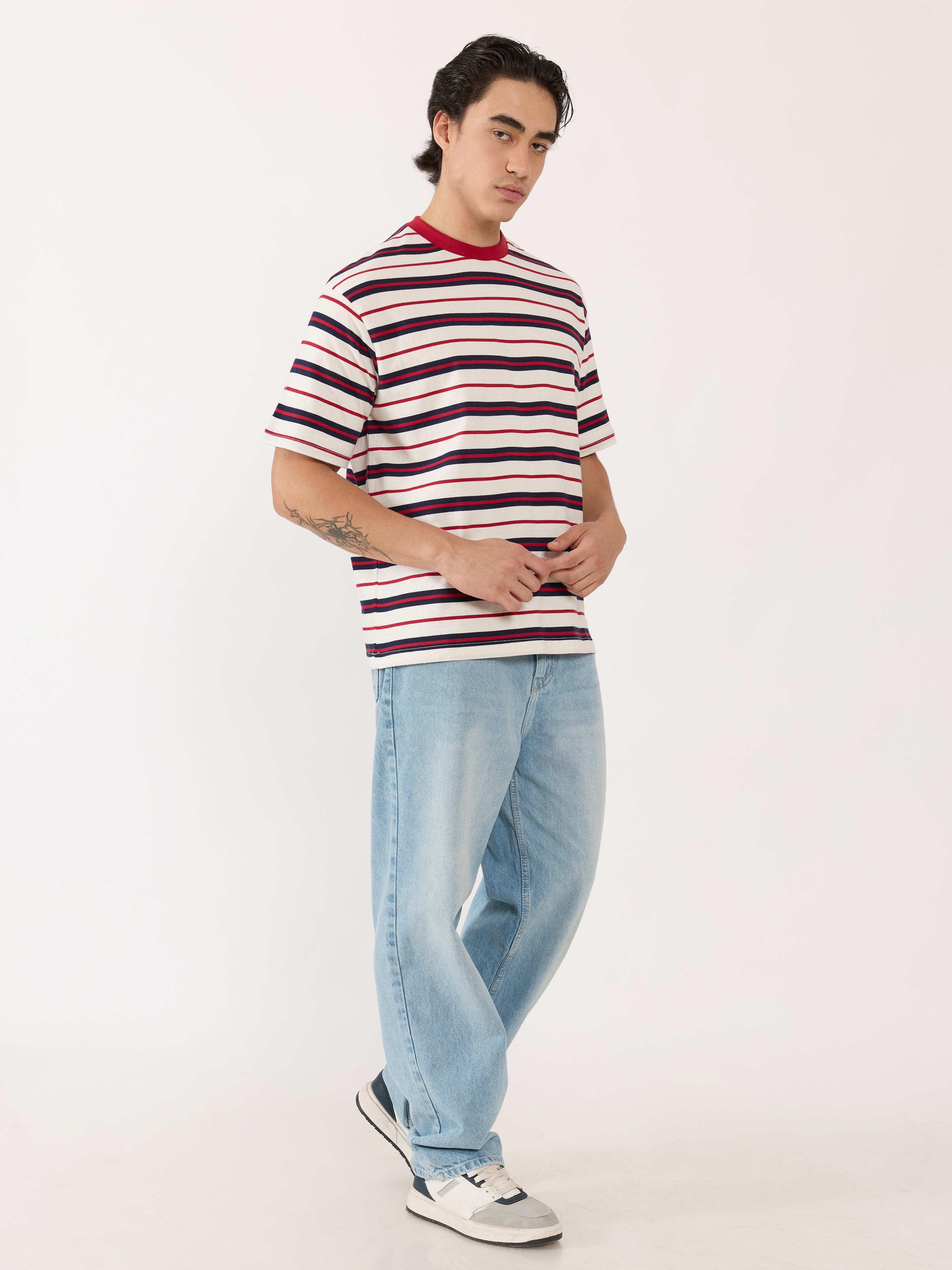 Presleigh - Striped Crew T-Shirt - Berry Red