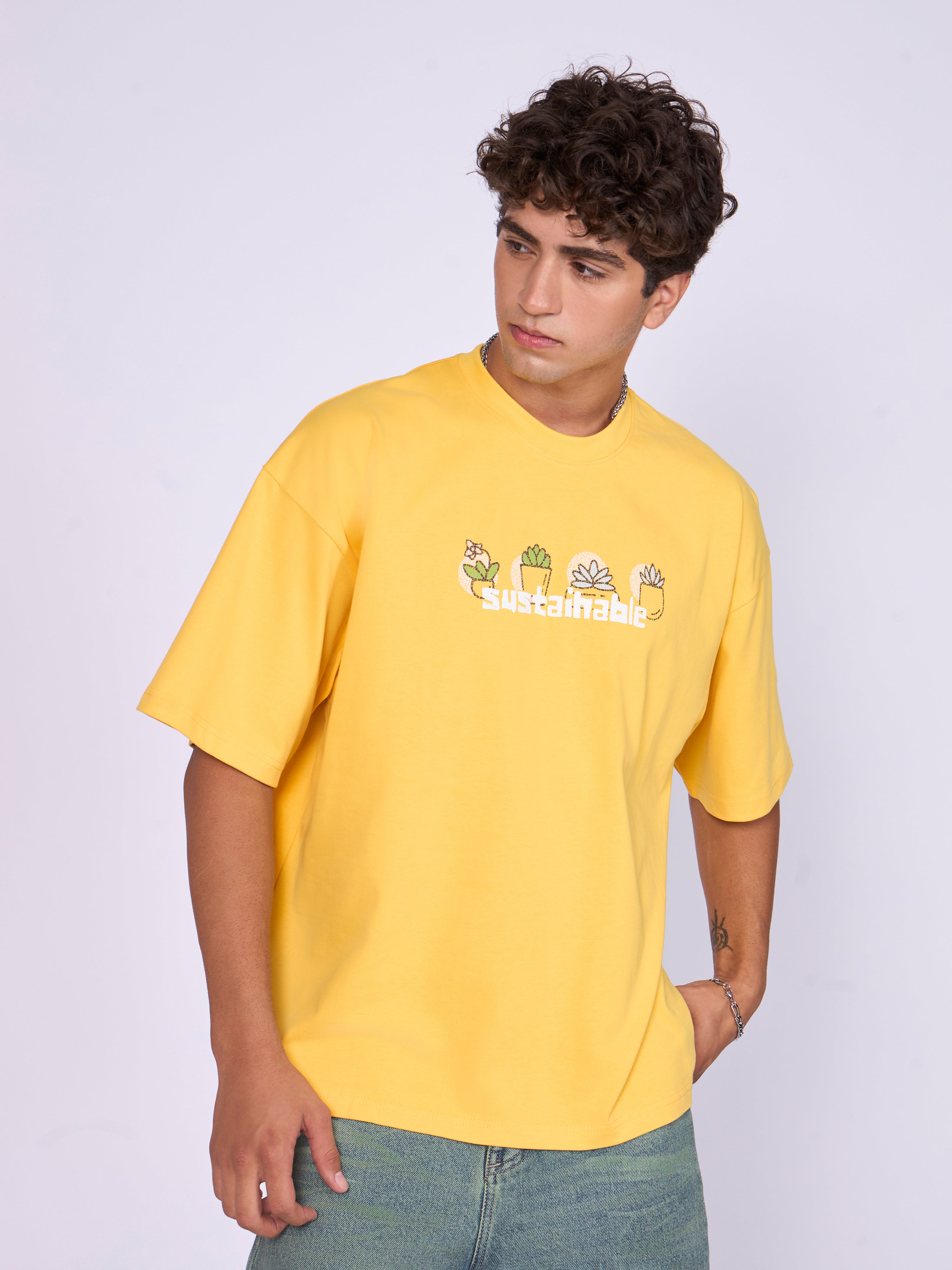 Everston - Sustainable Printed Baggy T-Shirt - Yellow