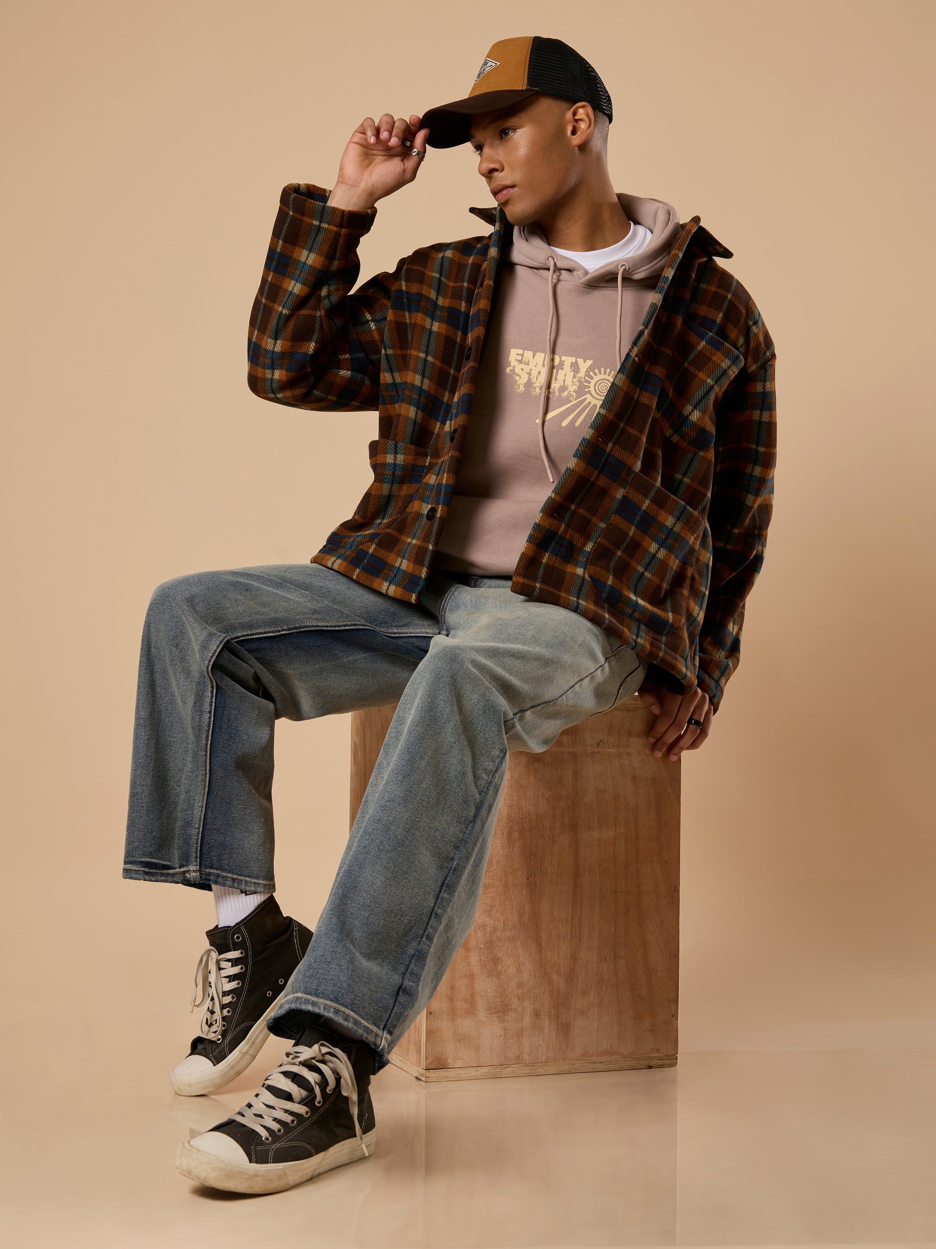 Sherly - Relaxed checked Fleece Shacket - Brown