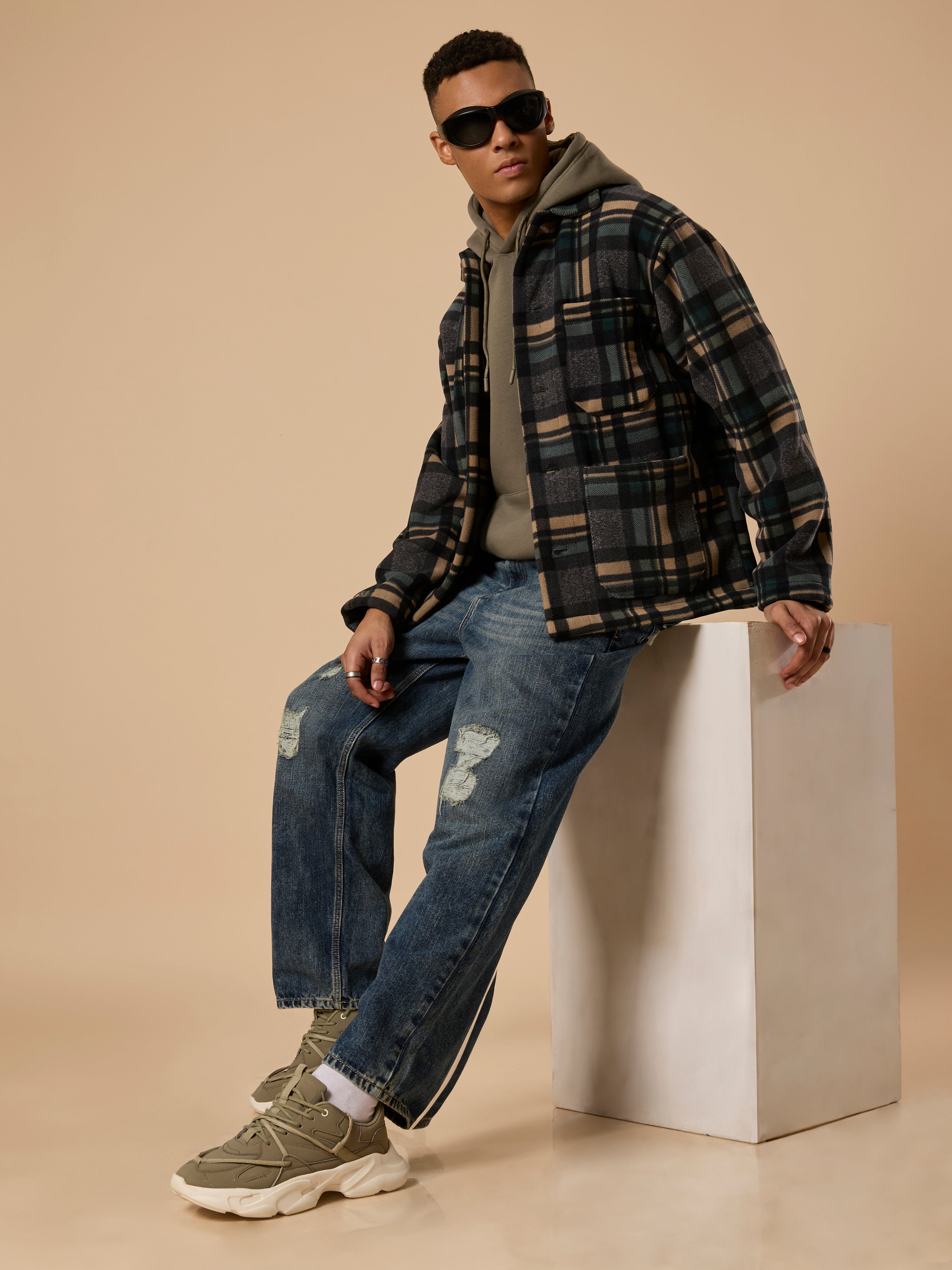 Sherly - Relaxed checked Fleece Shacket - Charcoal