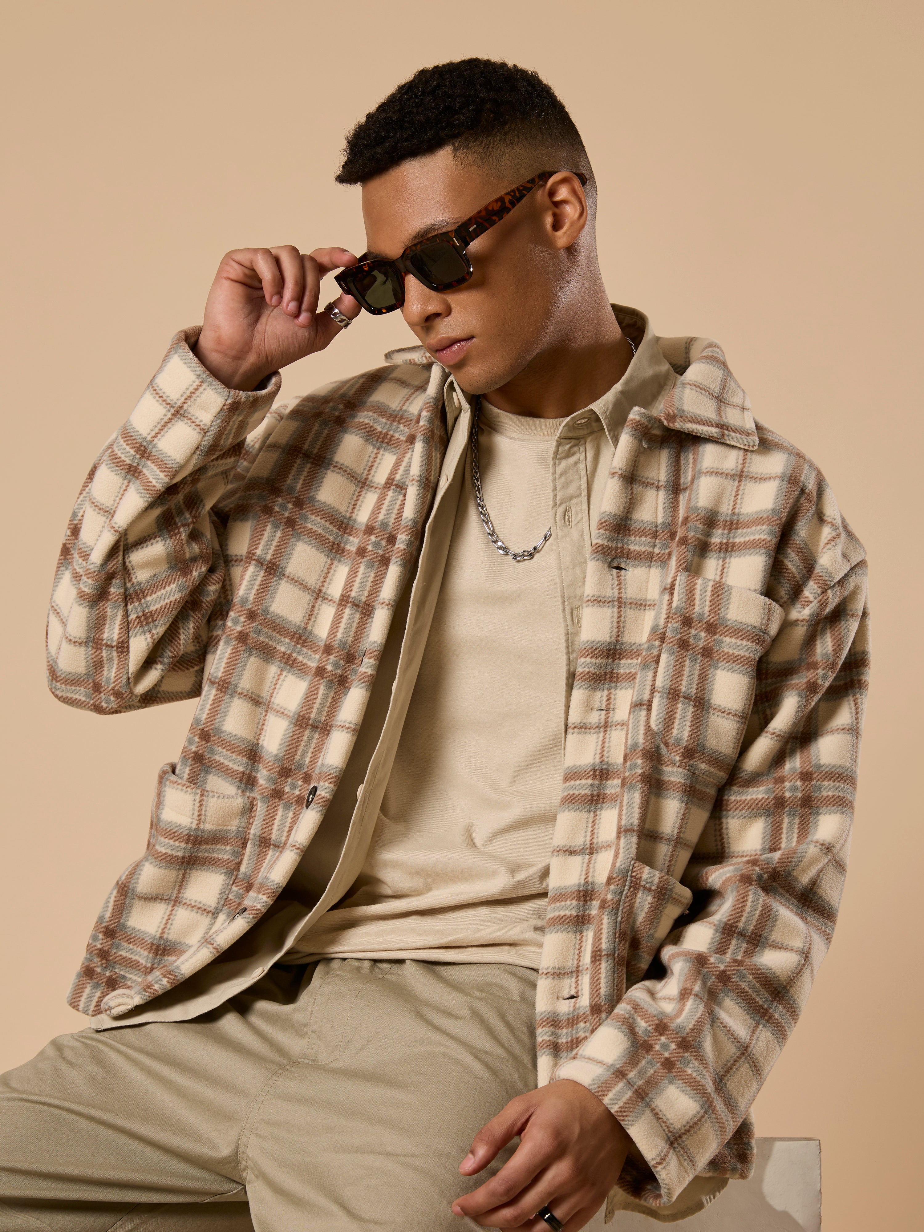 Sherly - Relaxed checked Fleece Shacket - Beige