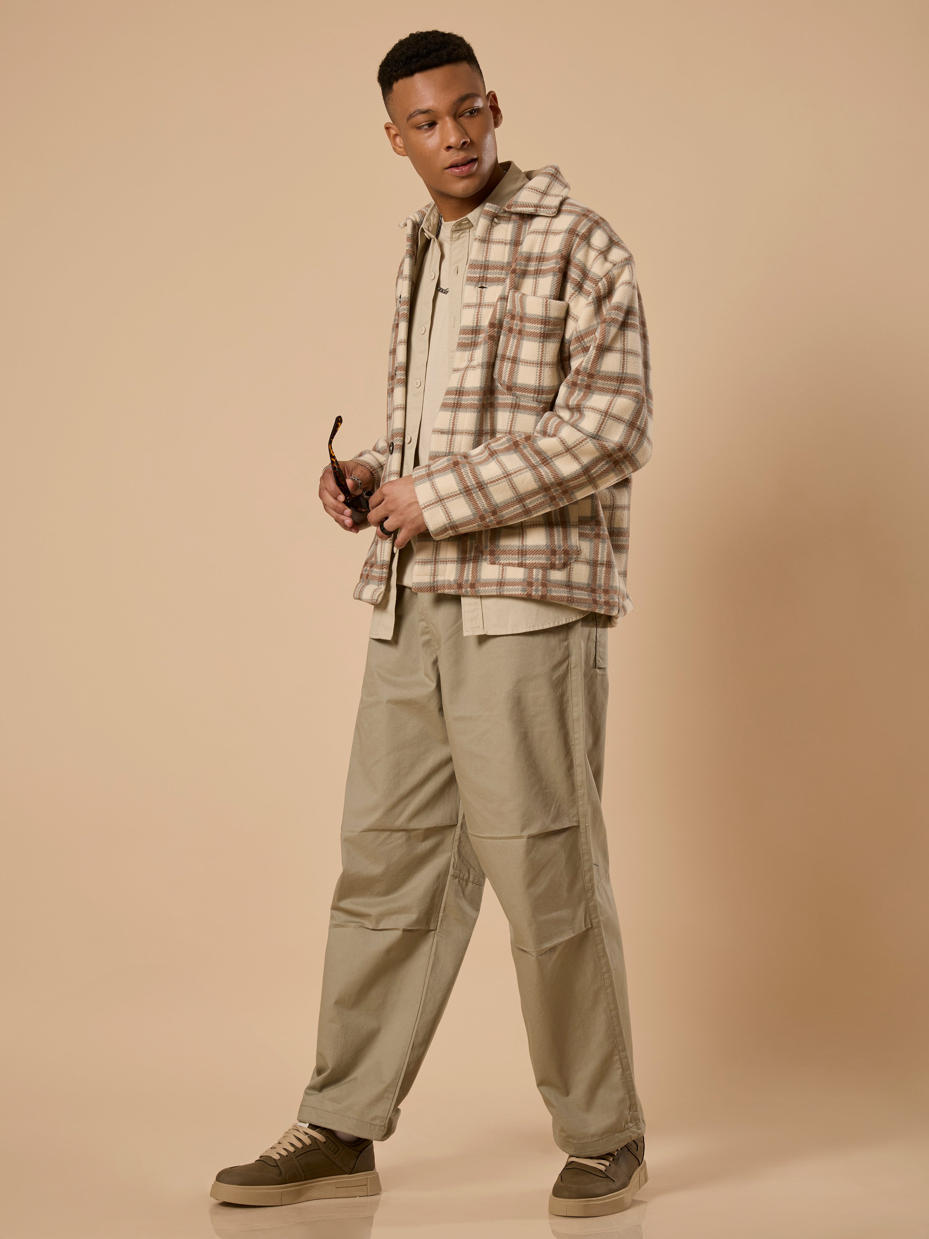 Sherly - Relaxed checked Fleece Shacket - Beige