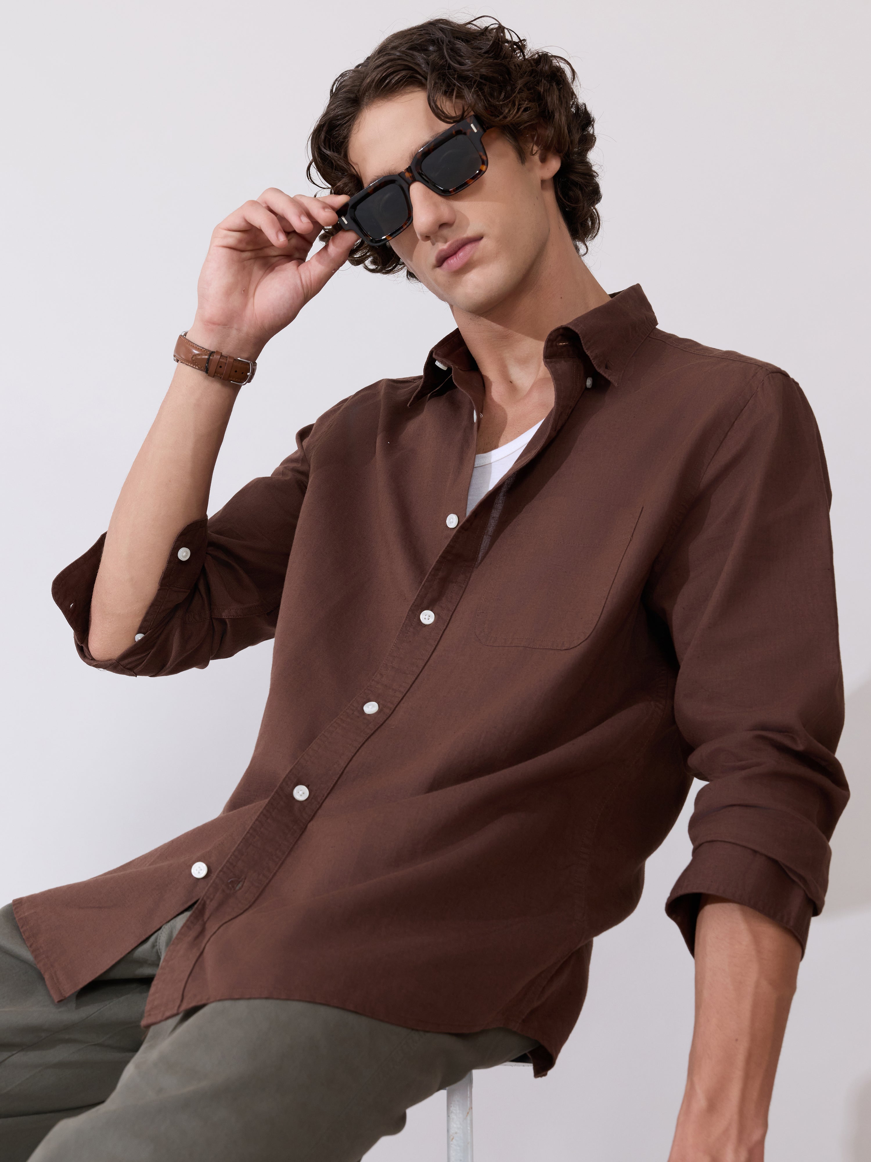 Taliko - Comfort Fit Dark Brown Linen Shirt