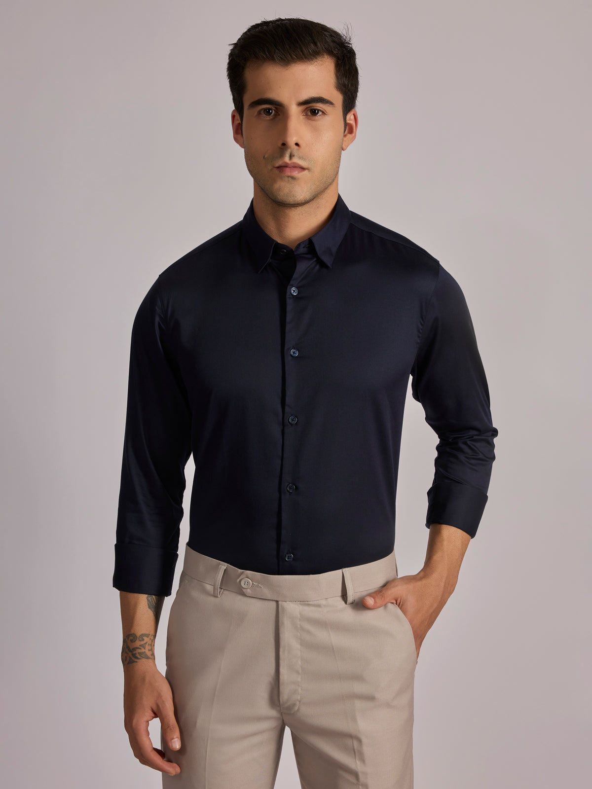 Yoyona - Turkish Fit Satin Shirt - Dark Navy