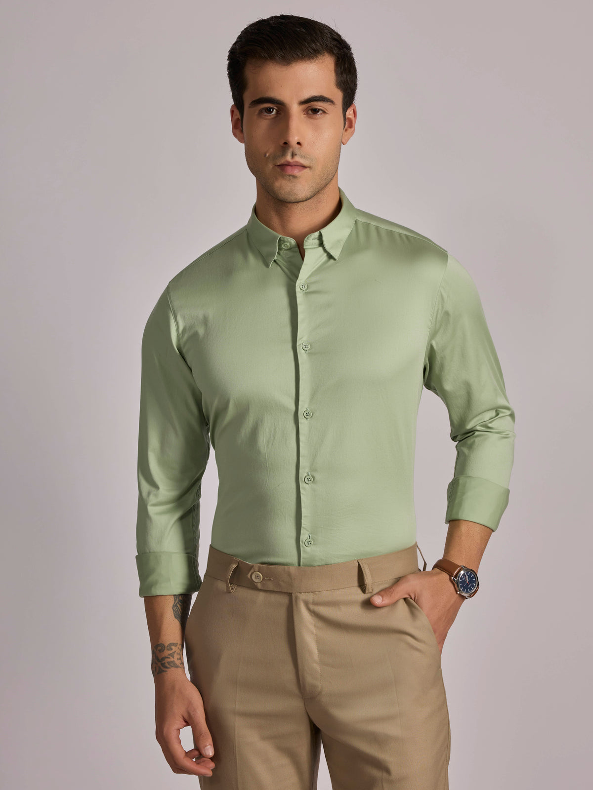 Yoyona - Turkish Fit Satin Shirt - Metalic Green