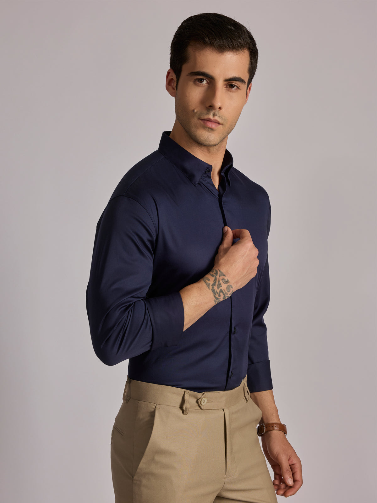 Yoyona - Turkish Fit Satin Shirt - Ink Blue