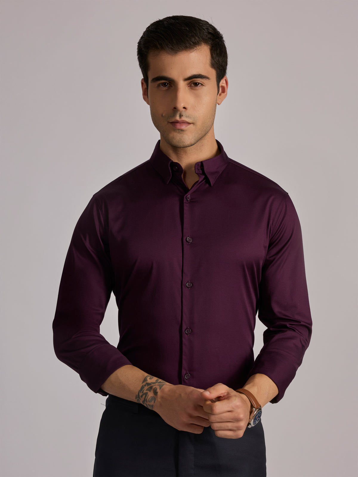 Yoyona - Turkish Fit Satin Shirt - Wine