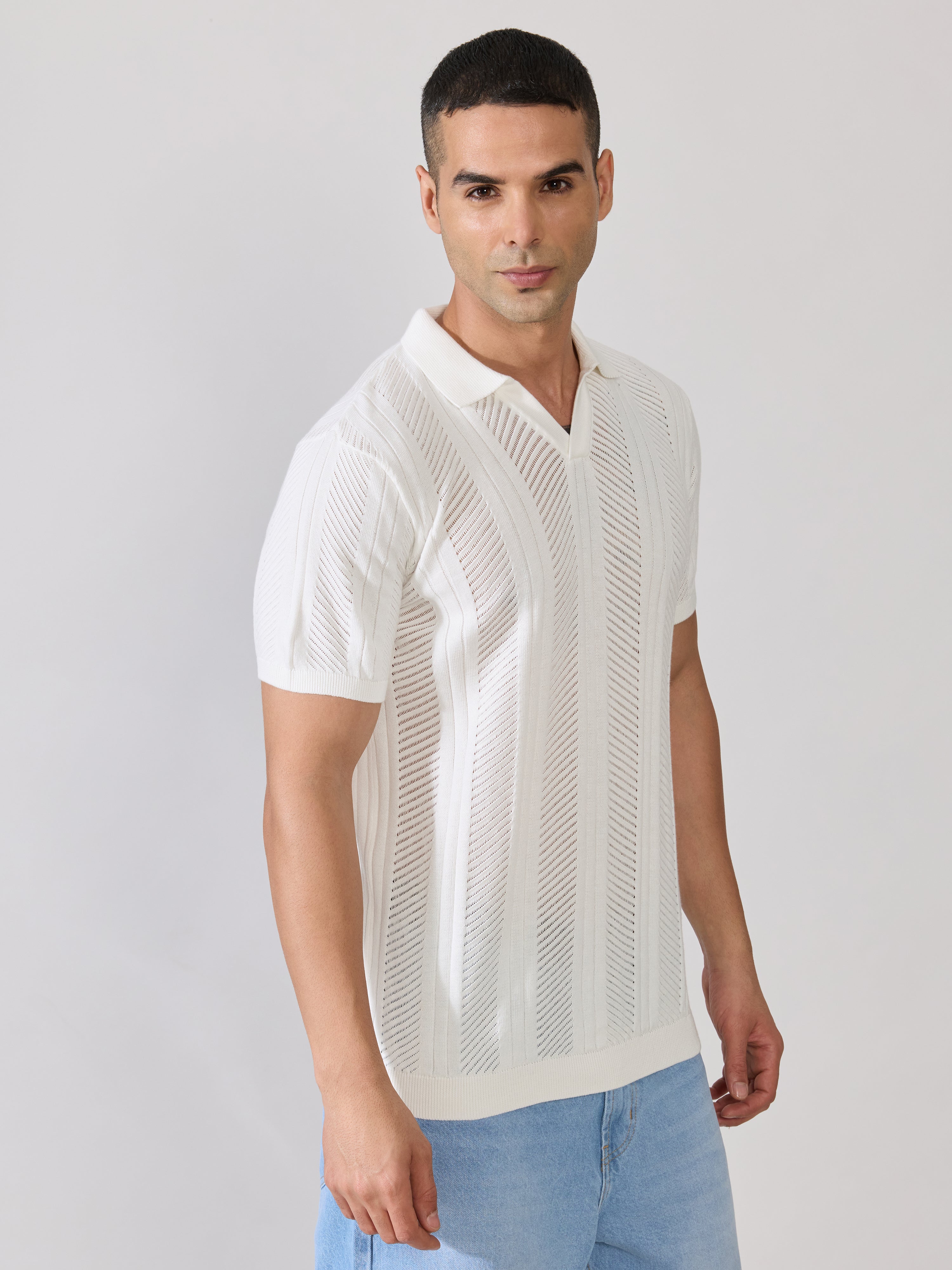 Kikeos-3 - Regular Fit Textured Open Knit Polo T-Shirt - White