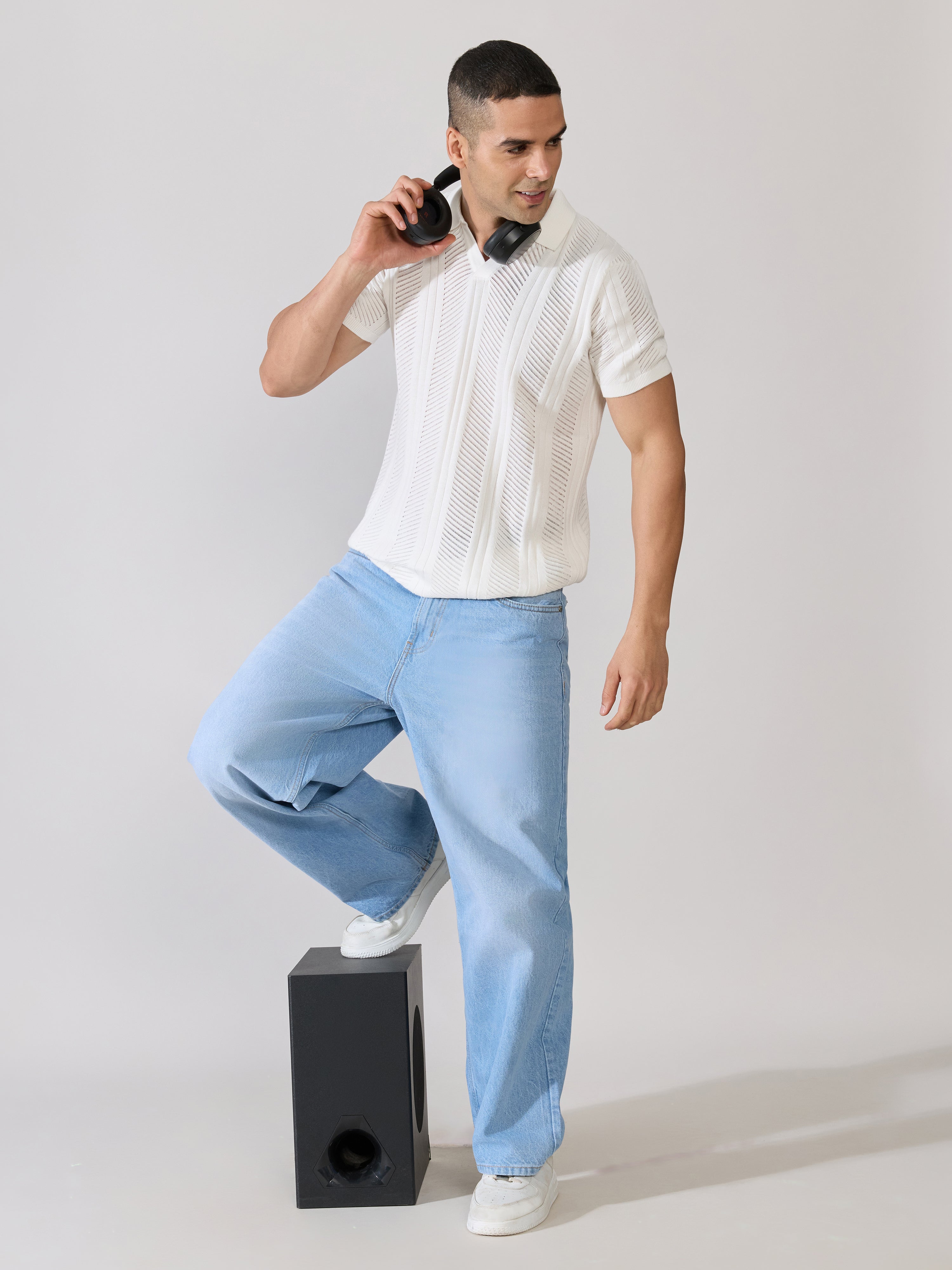 Kikeos-3 - Regular Fit Textured Open Knit Polo T-Shirt - White