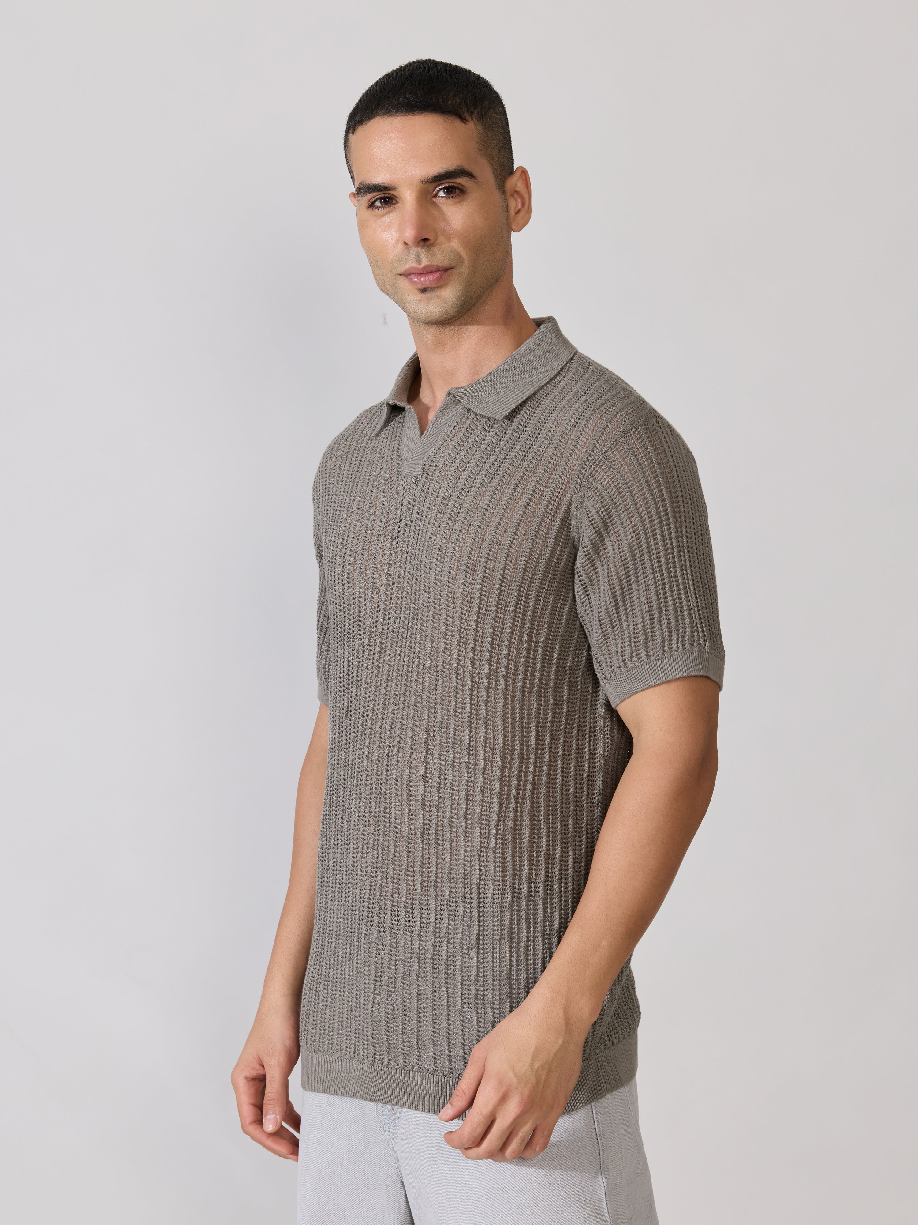 Kikeos-2 - Regular Fit Open Knit Polo T-Shirt - Brushed Nickel