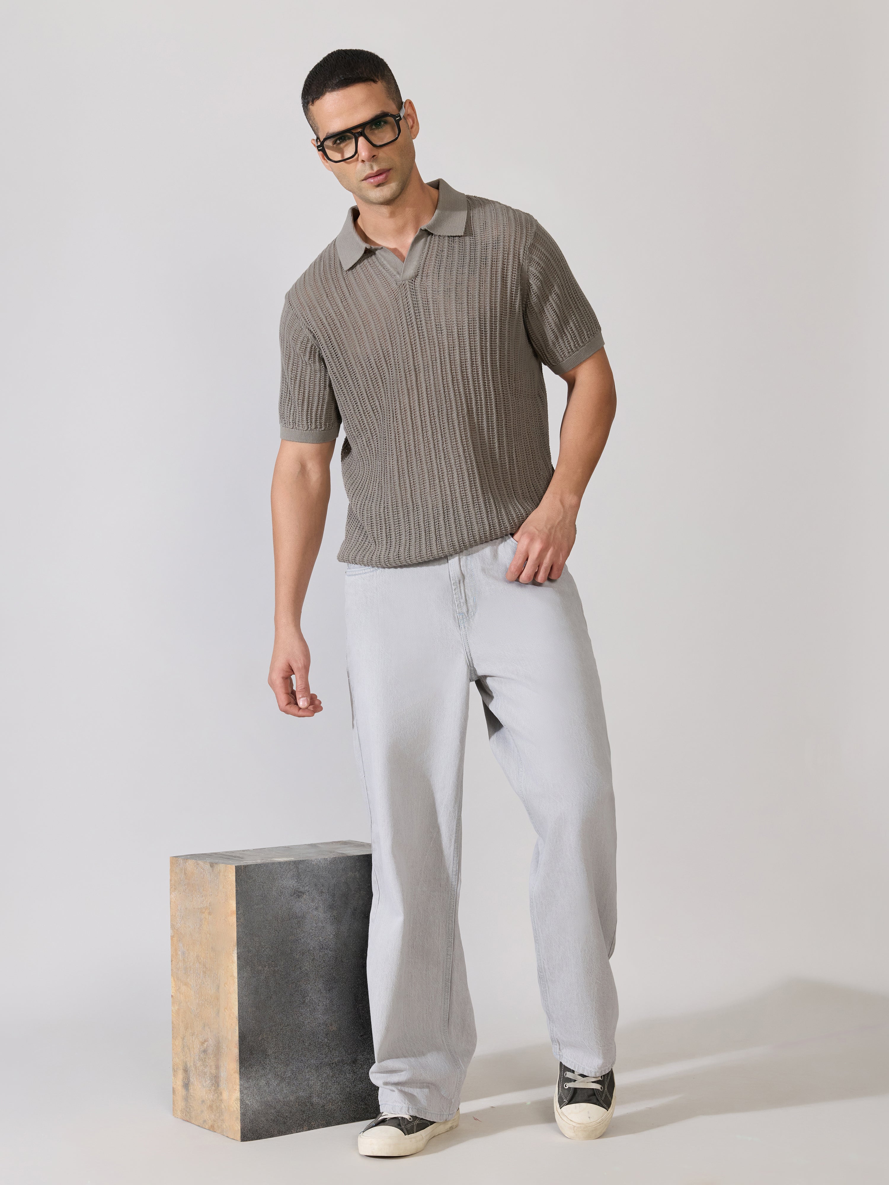 Kikeos-2 - Regular Fit Open Knit Polo T-Shirt - Brushed Nickel