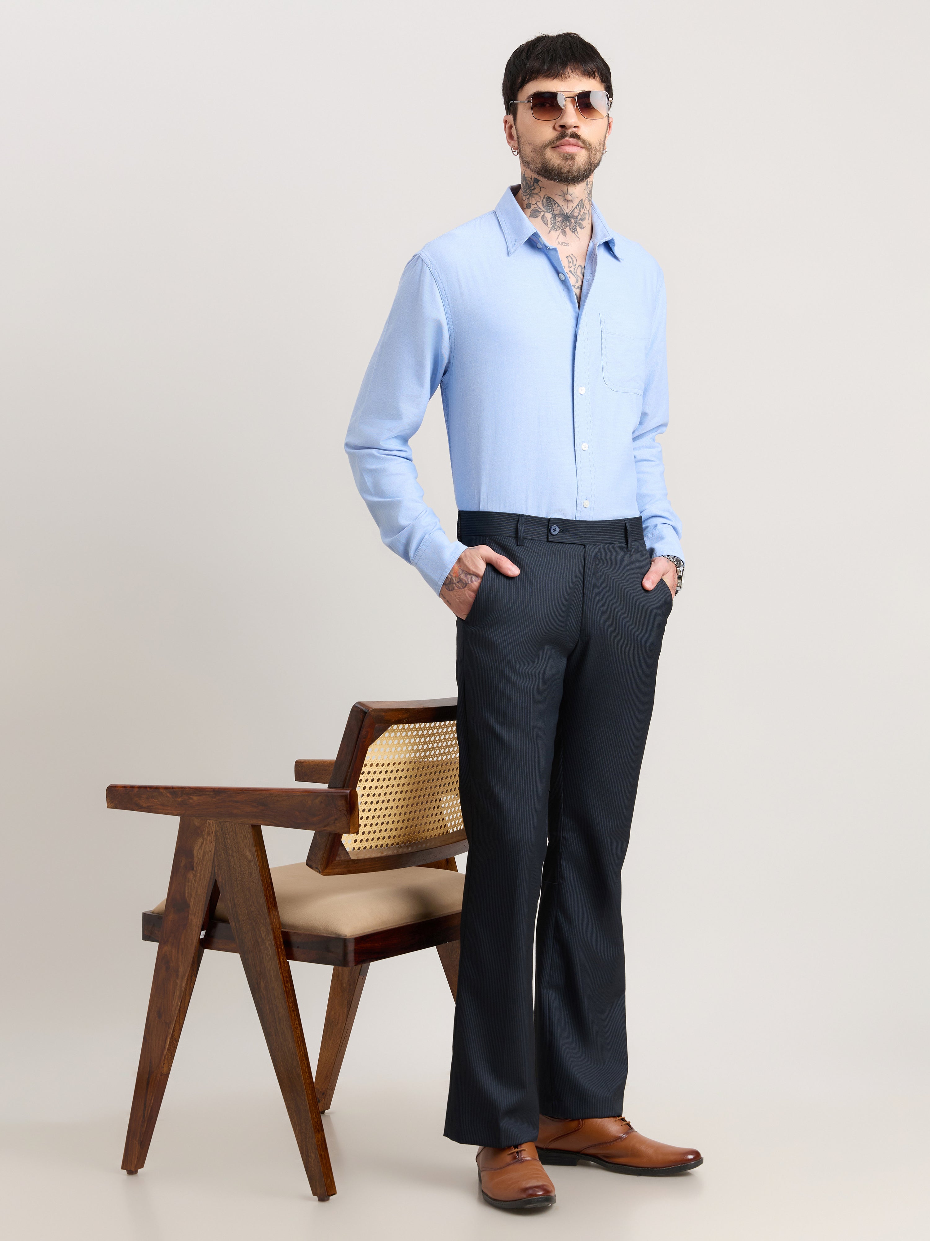 Nebula - Striped Bootcut Formal Pant - Navy