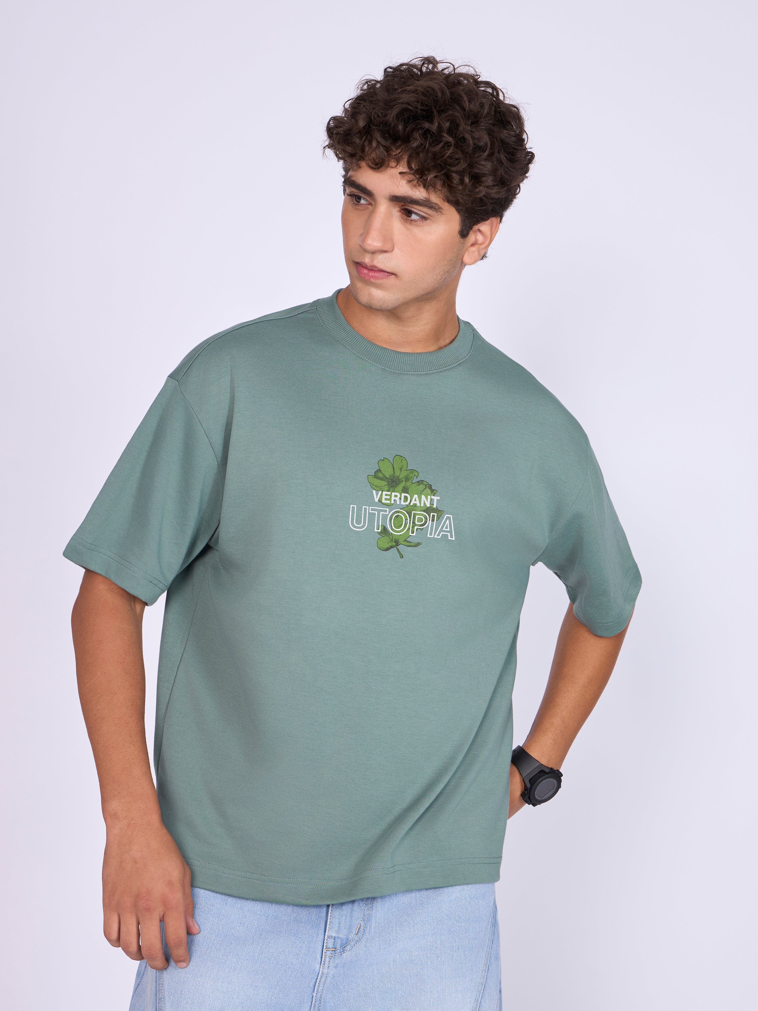 Trace - Verdant Utopia Printed Loose Fit T-Shirt - Green