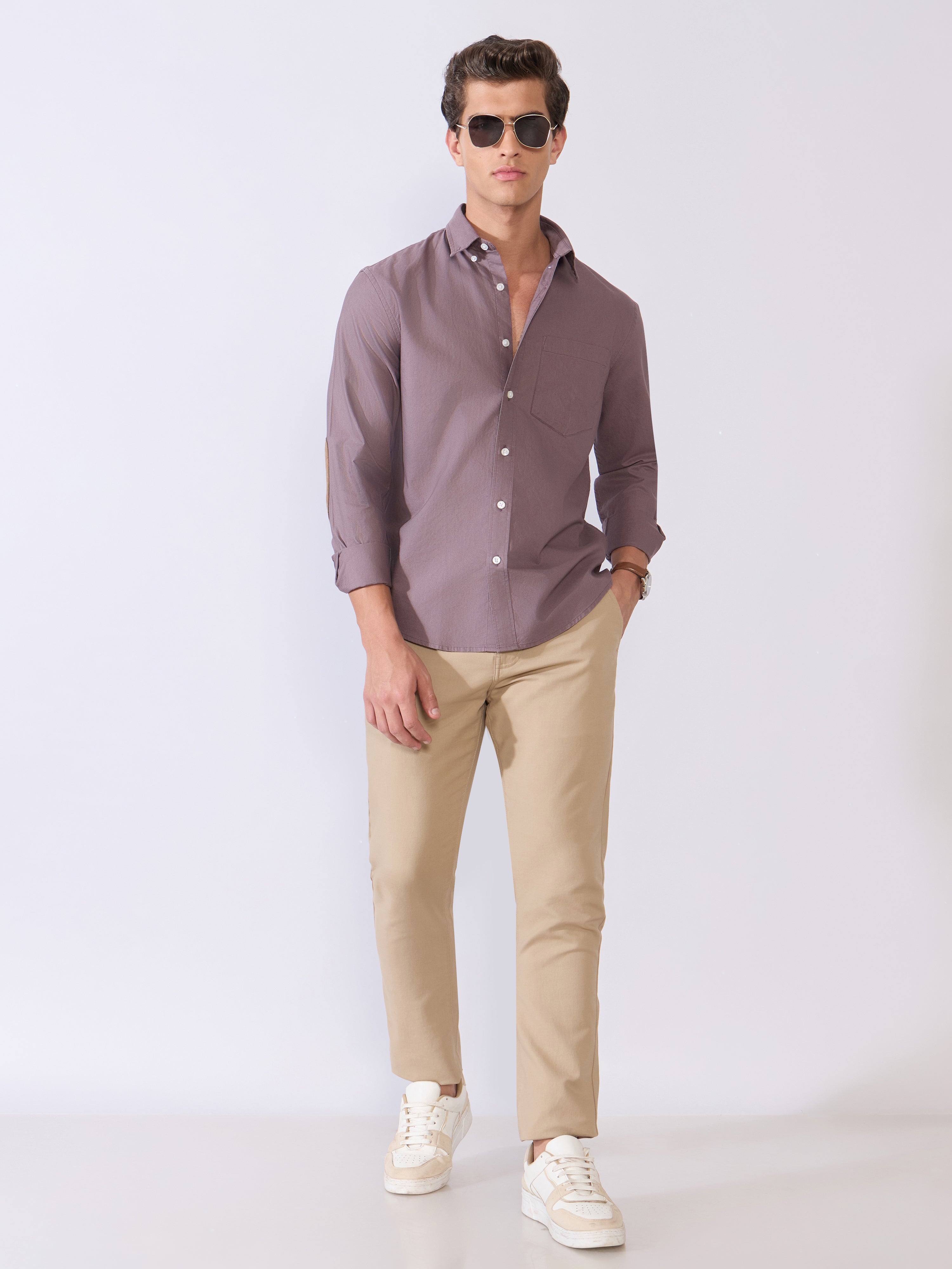 Orbit -  Relaxed Fit Oxford Shirt With Elbow Patch - Plum Wine