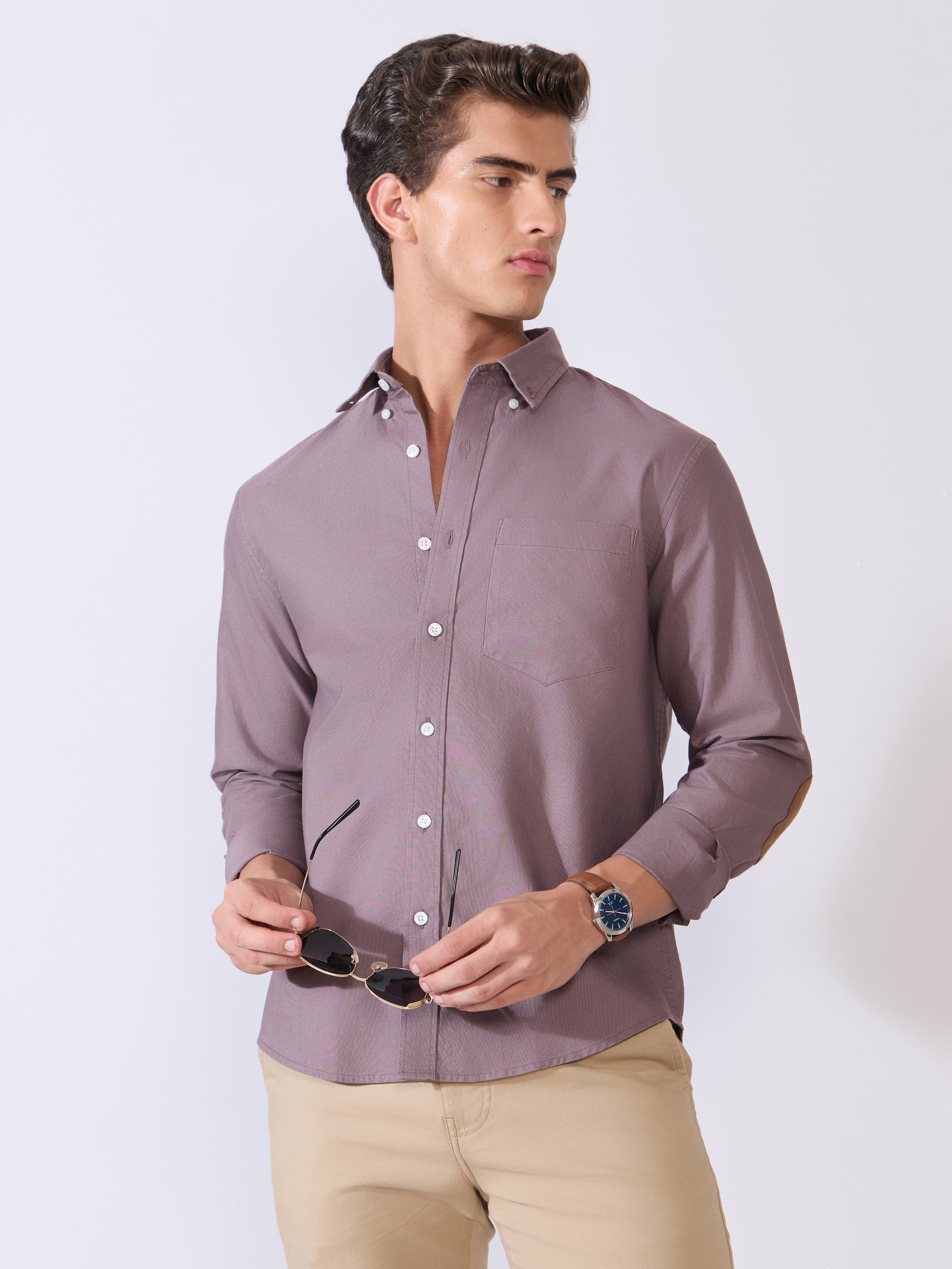 Orbit -  Relaxed Fit Oxford Shirt With Elbow Patch - Plum Wine