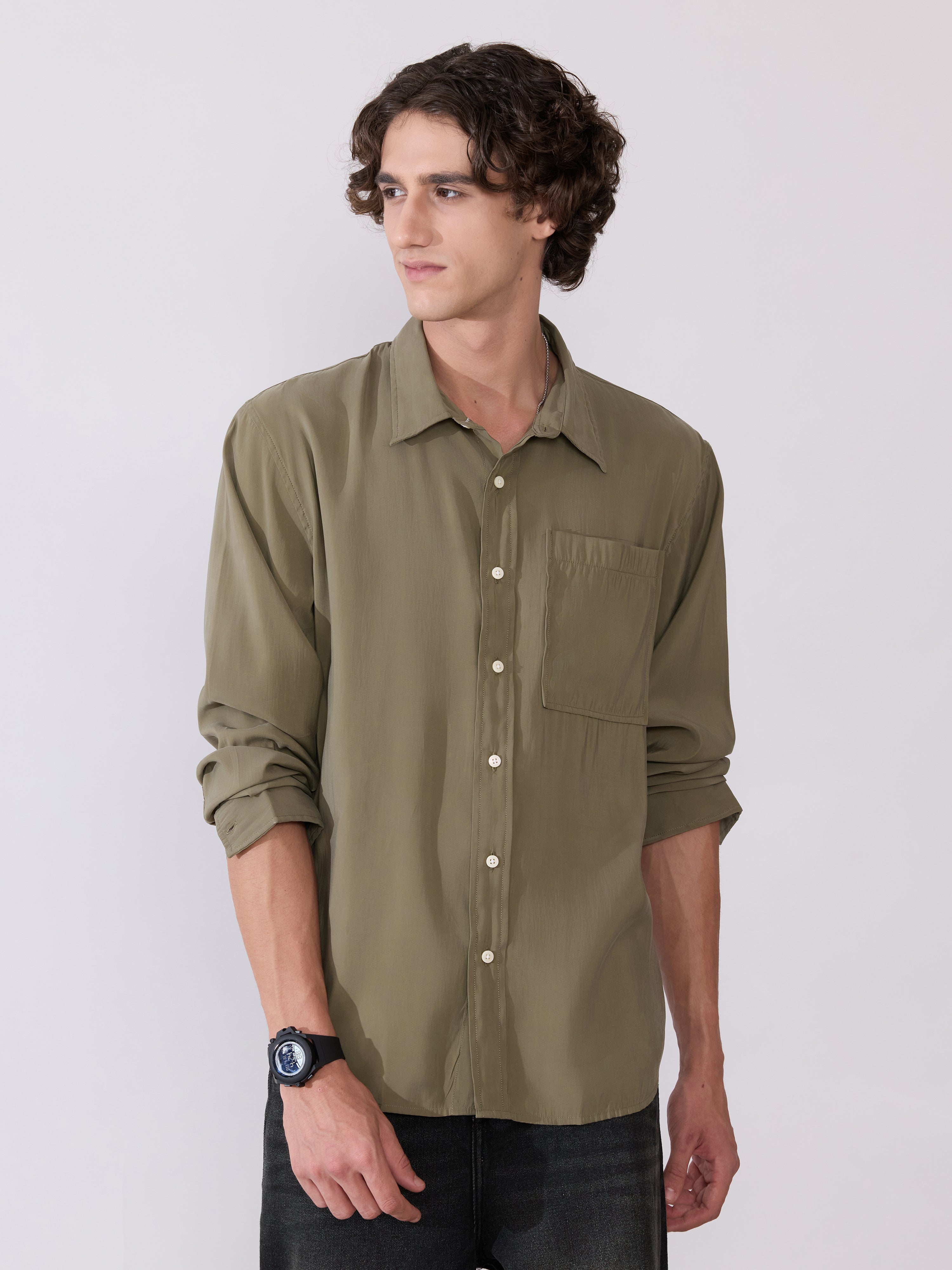 Auzo - Regular Plain Shirt - Capulet Olive
