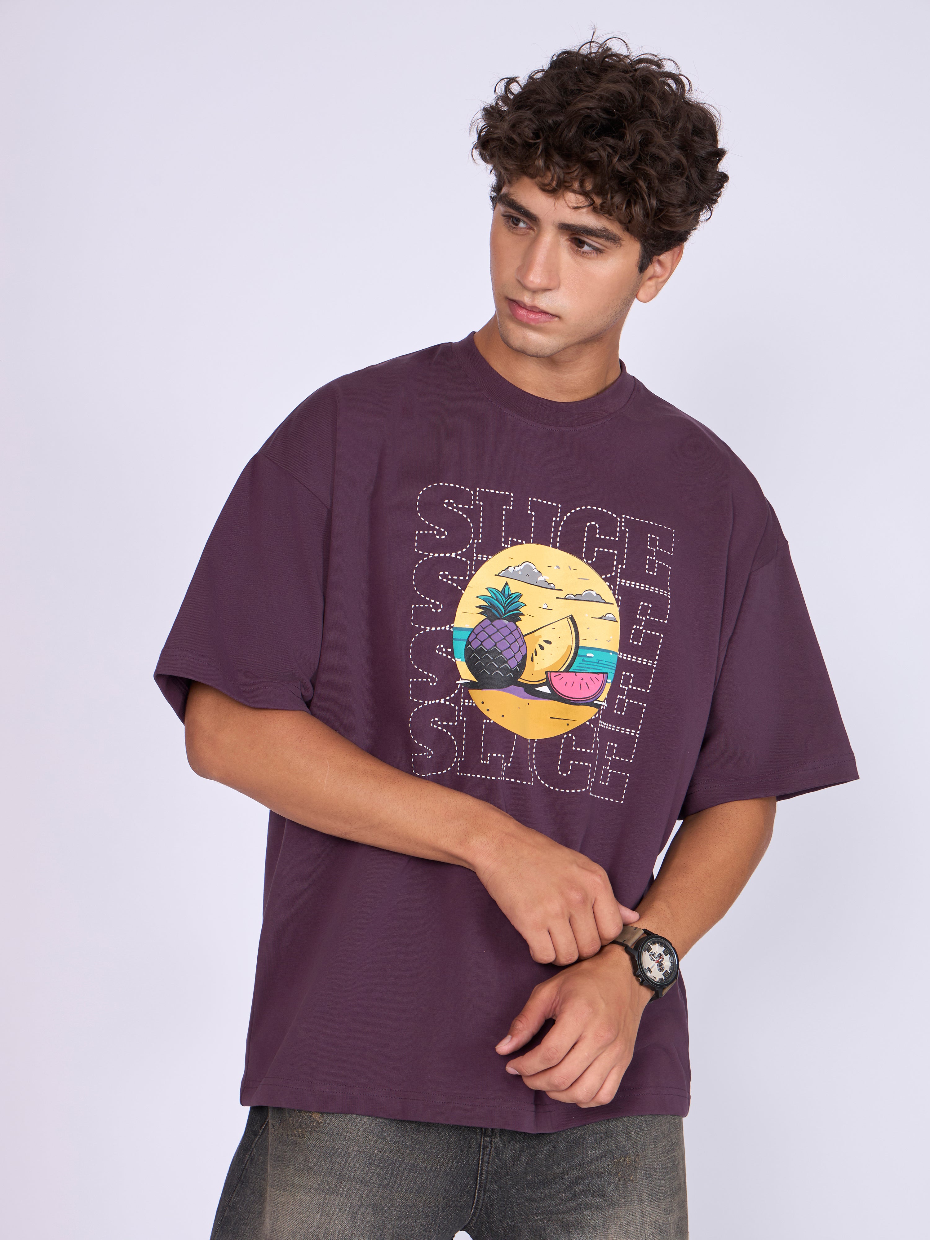 Everston - Slice Printed Baggy T-Shirt - Midnight Plum