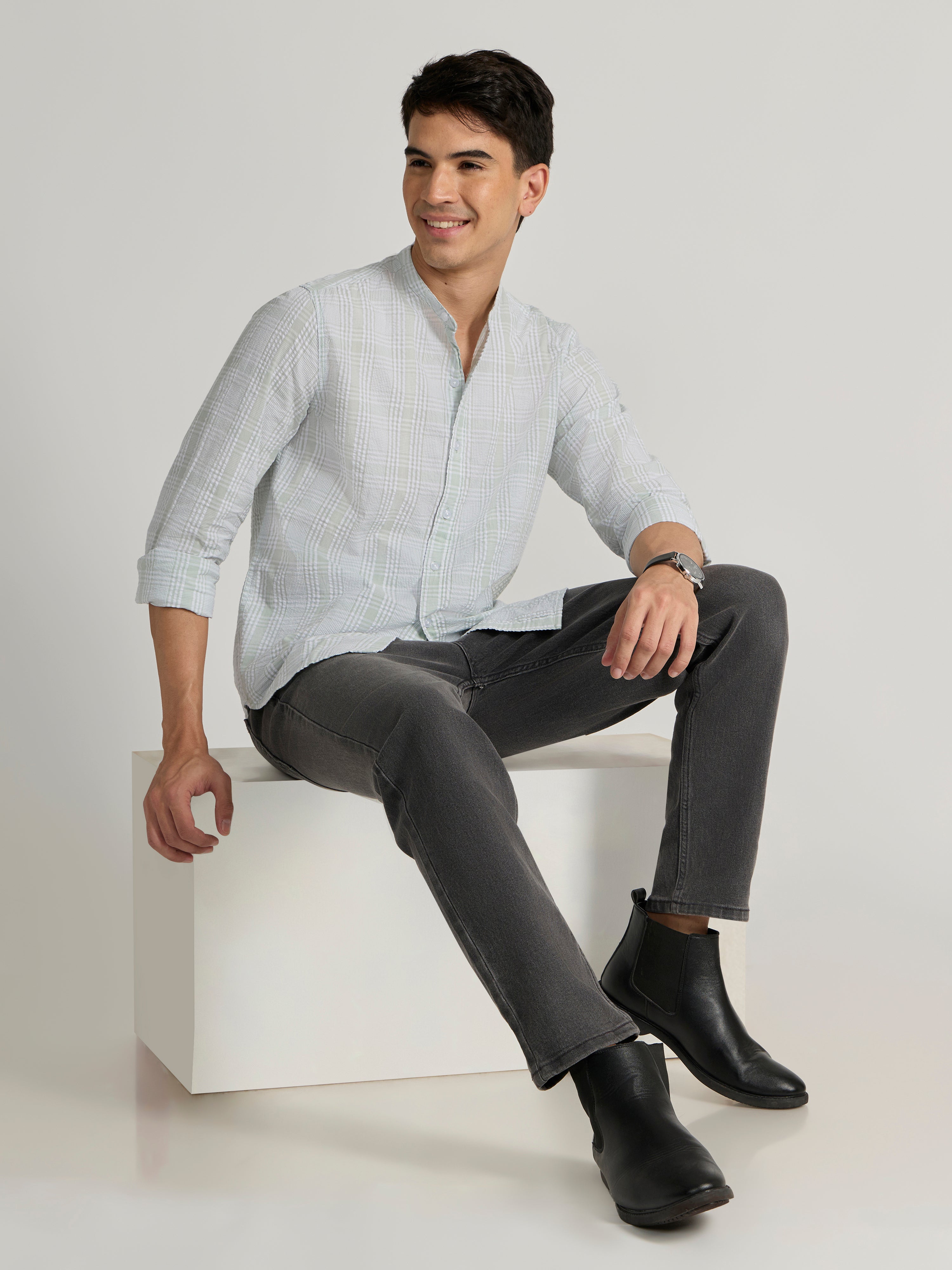 Hadrian - Band Collar Checks Shirt - Green