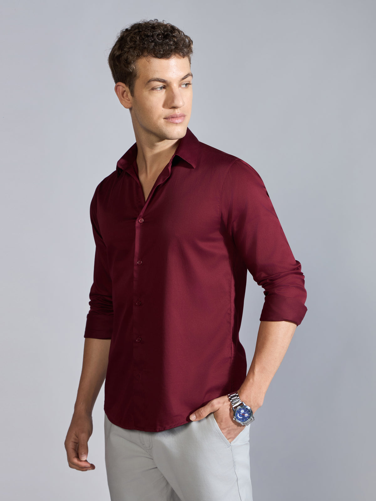 Yoyona - Turkish Fit Satin Shirt - Burgundy
