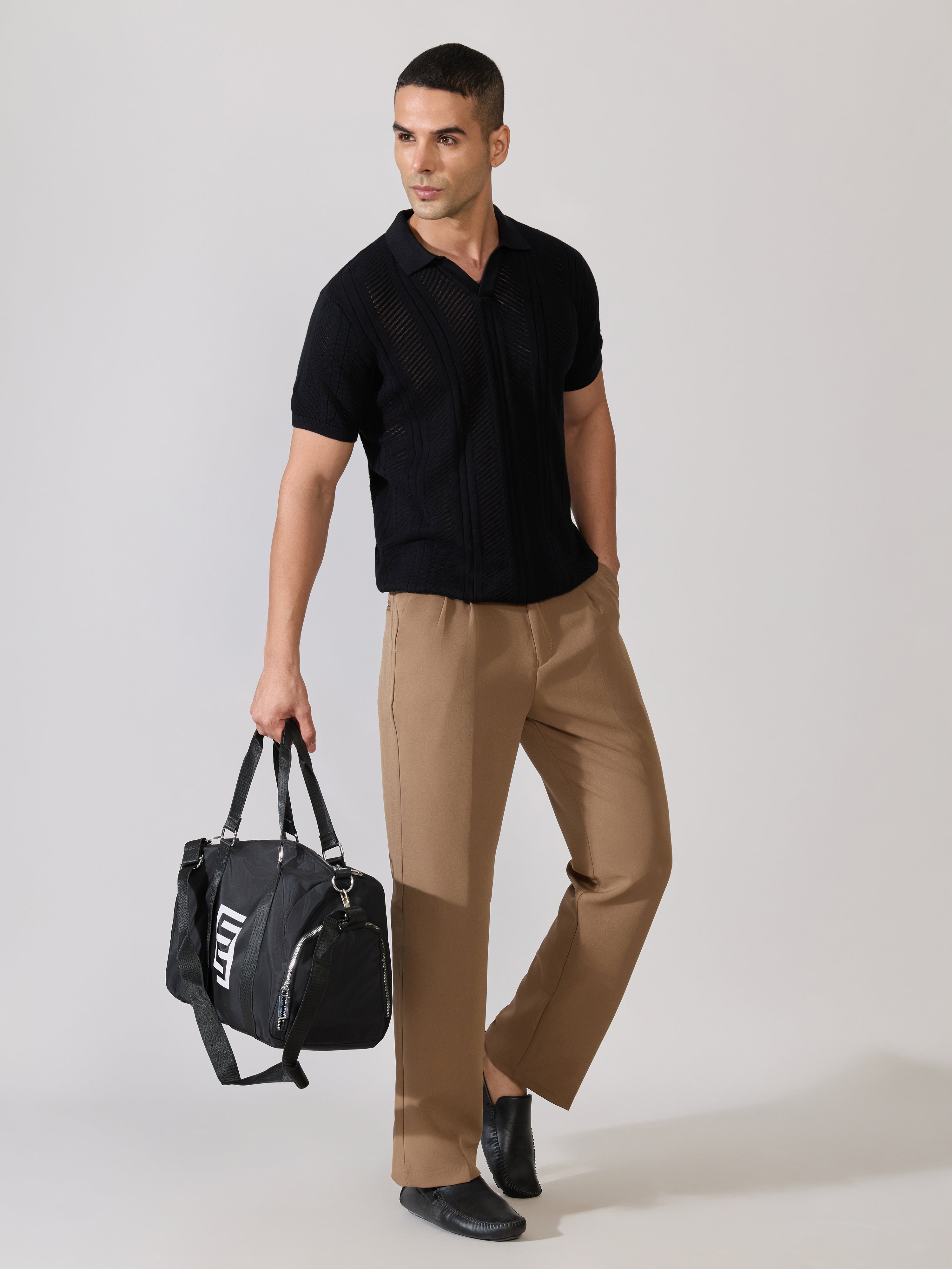 Kikeos-3 - Regular Fit Textured Open Knit Polo T-Shirt - Black