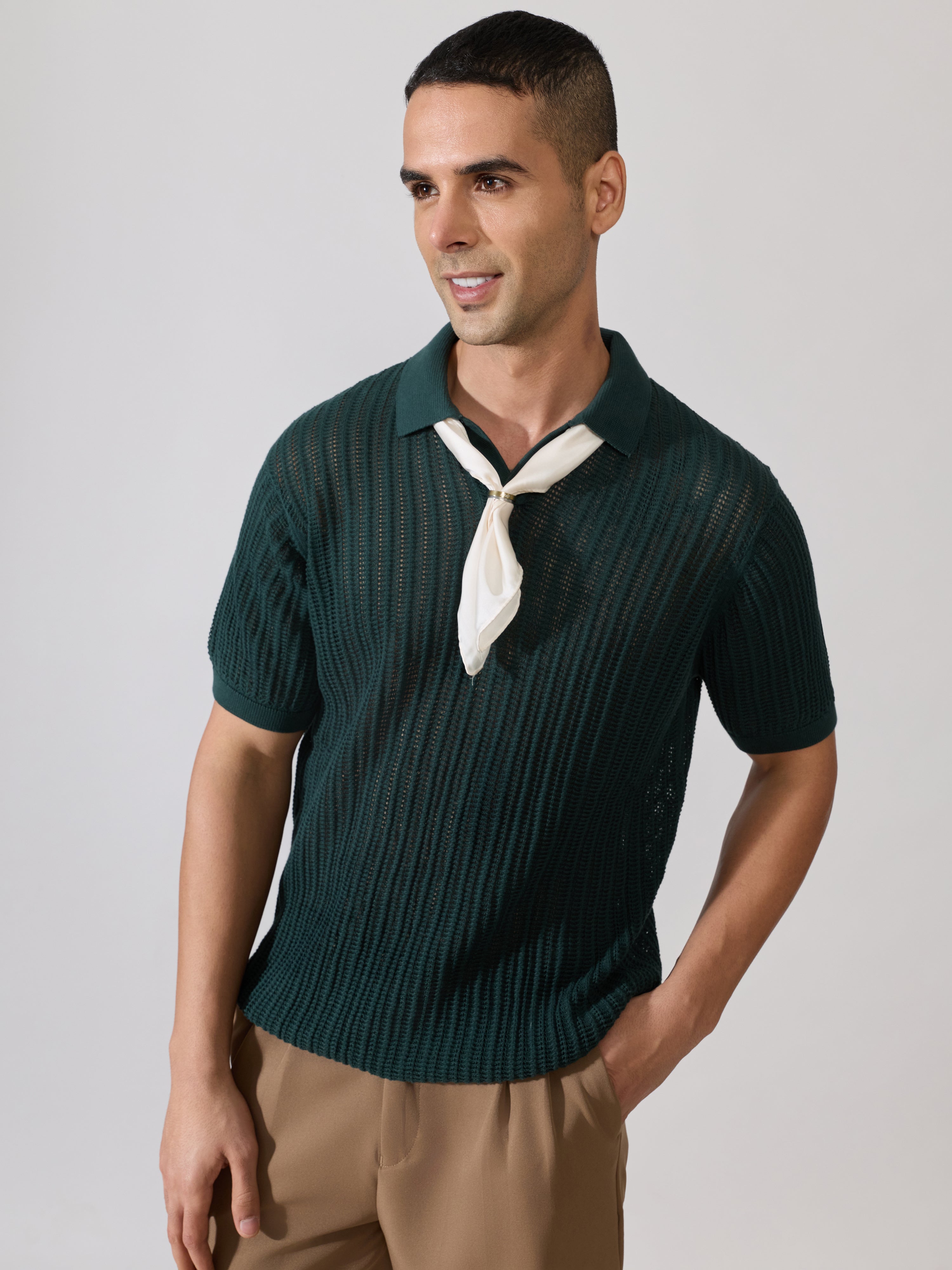 Kikeos-2 - Regular Fit Open Knit Polo T-Shirt - Green