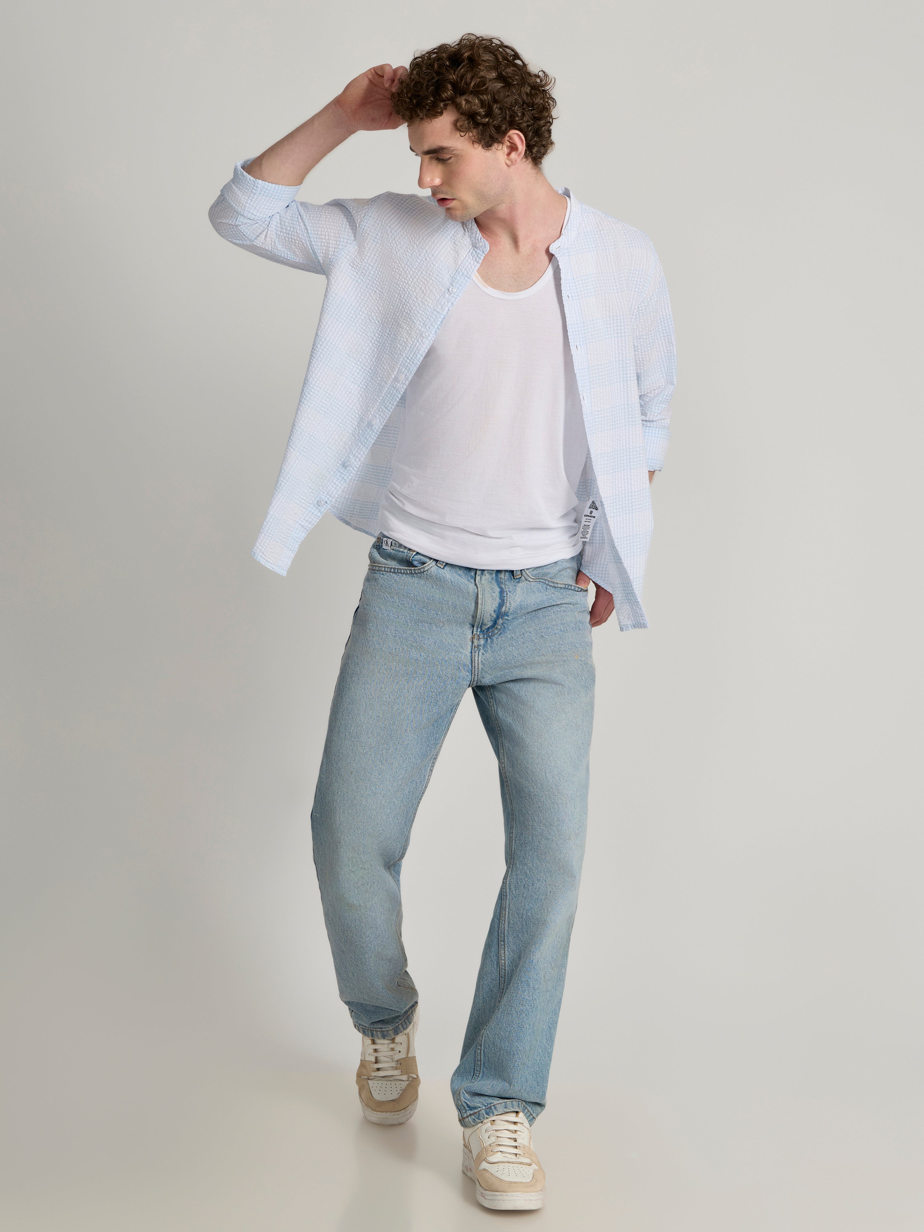 Hadrian - Band Collar Checks Shirt - Sky Blue