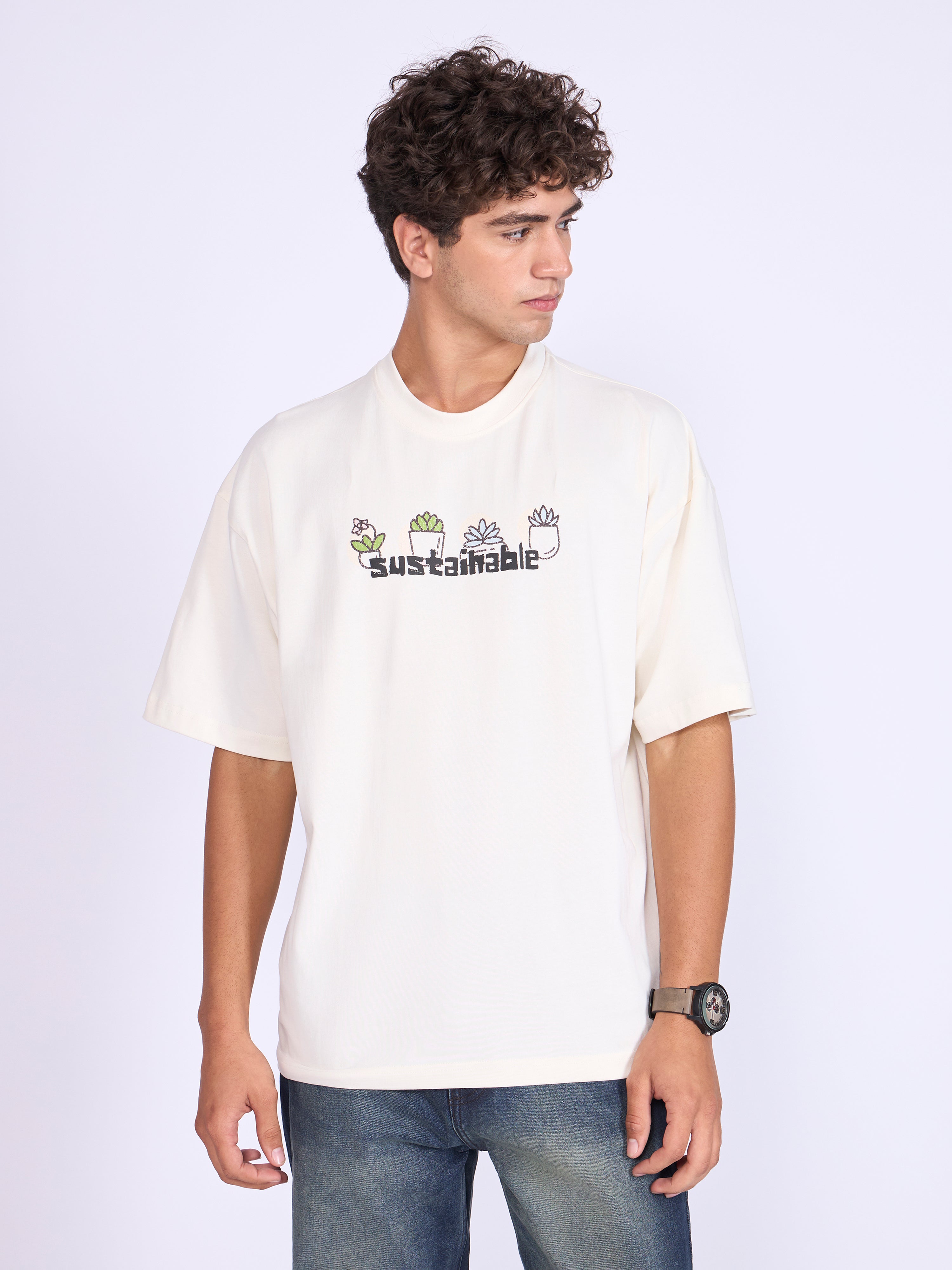 Everston - Sustainable Printed Baggy T-Shirt - Cream