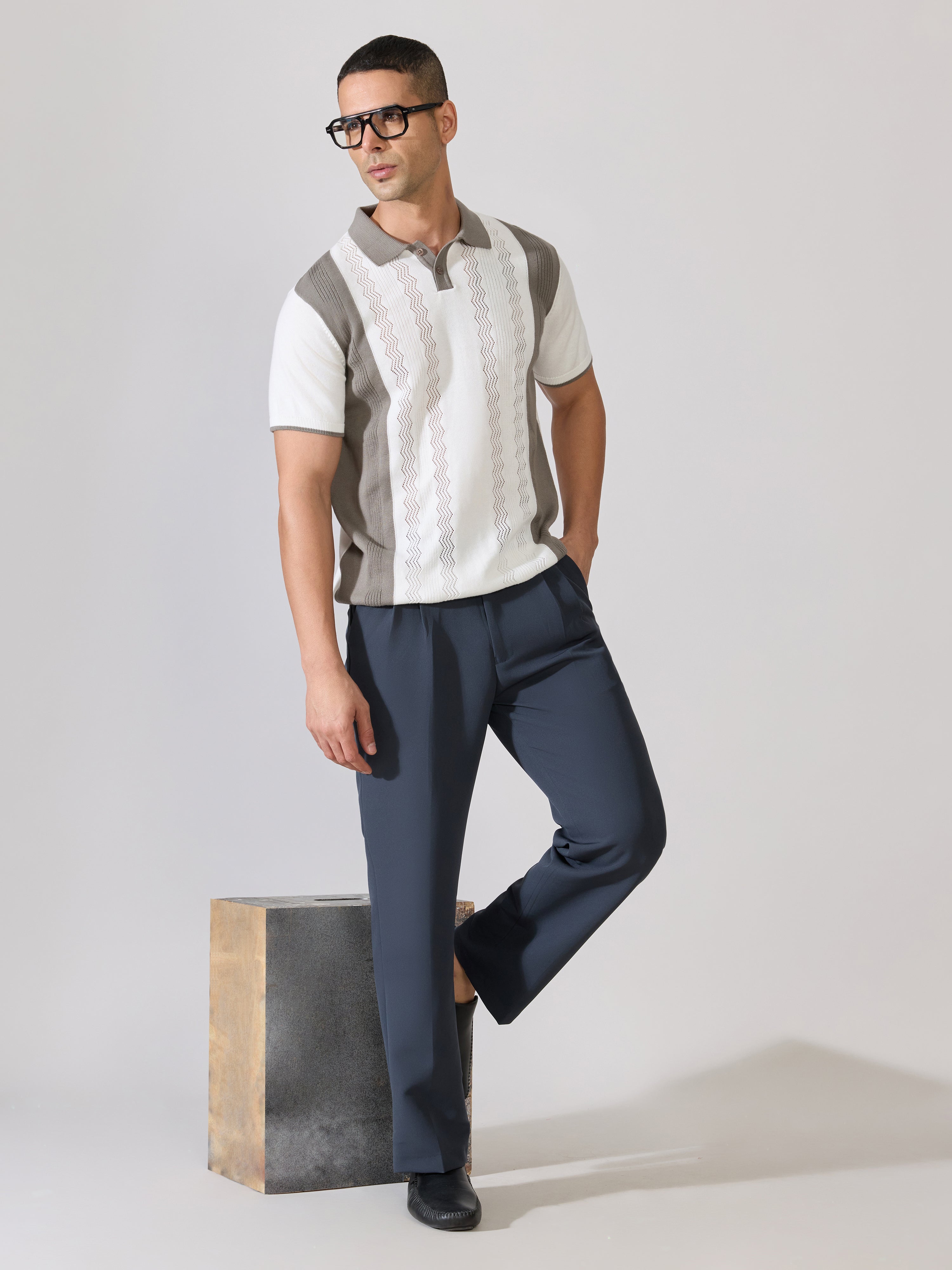 Kikeos-1 - Regular Fit Textured Knit Polo T-Shirt - White & Grey