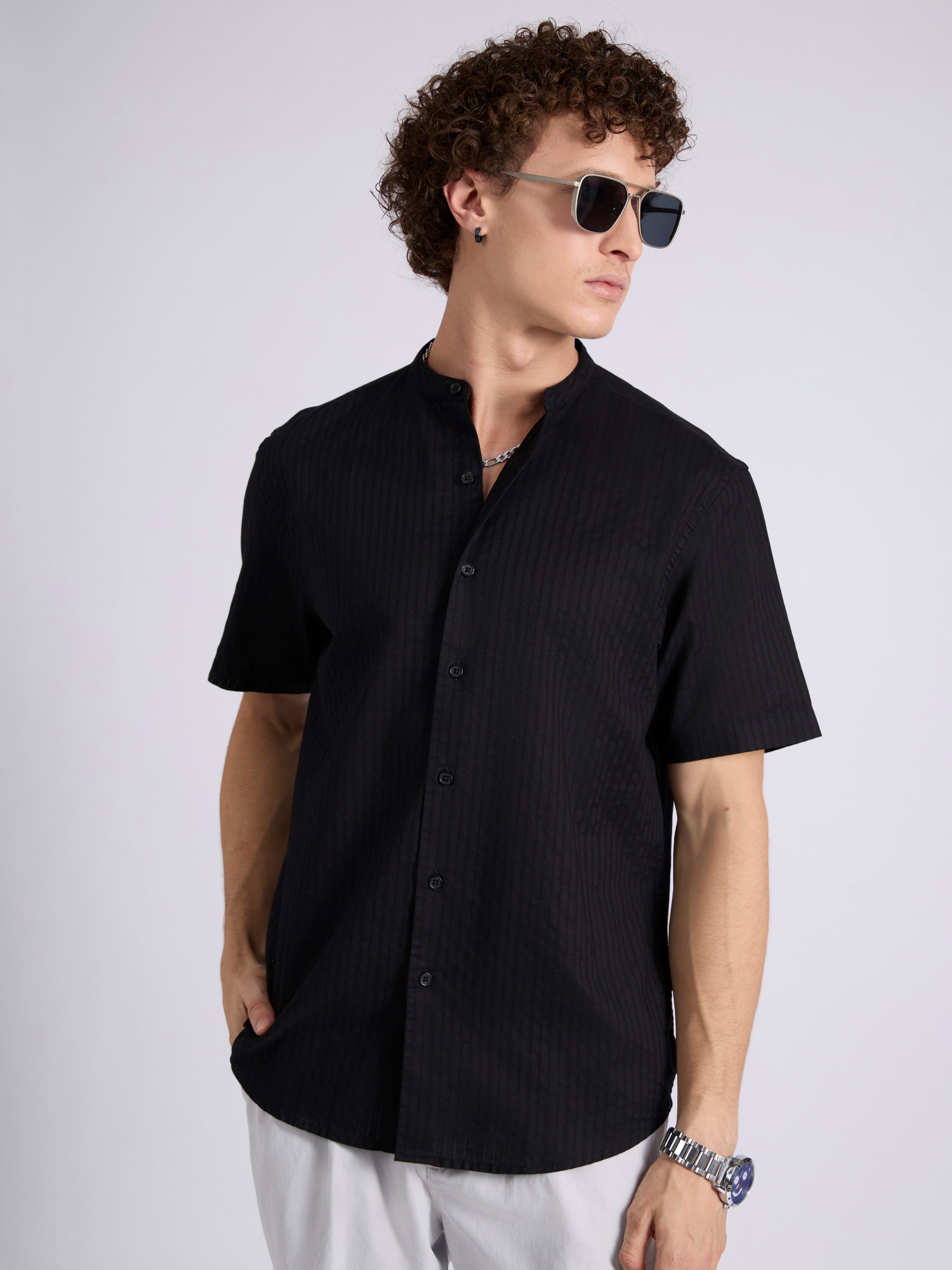 Zabriel - Band Collar Striped Shirt - Black